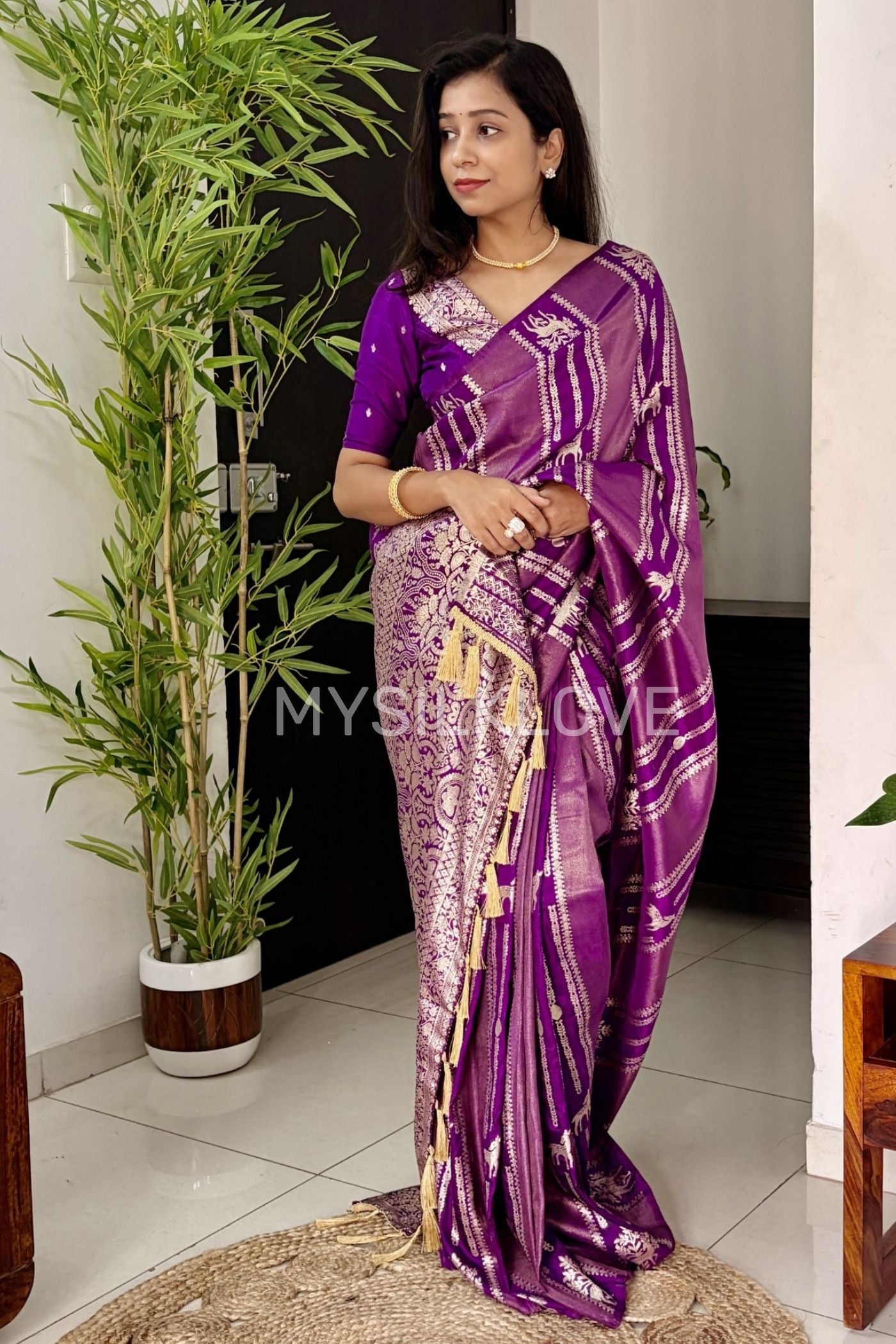 Buy MySilkLove Royal Purple Deer Design Woven Banarasi Silk Saree Online