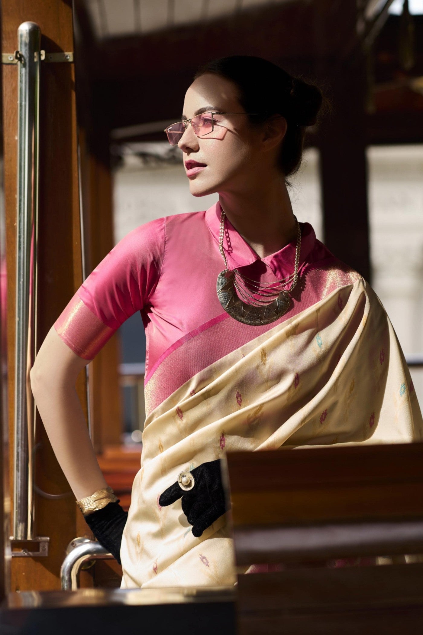 Buy MySilkLove Hampton Cream Woven Banarasi Soft Silk Saree Online