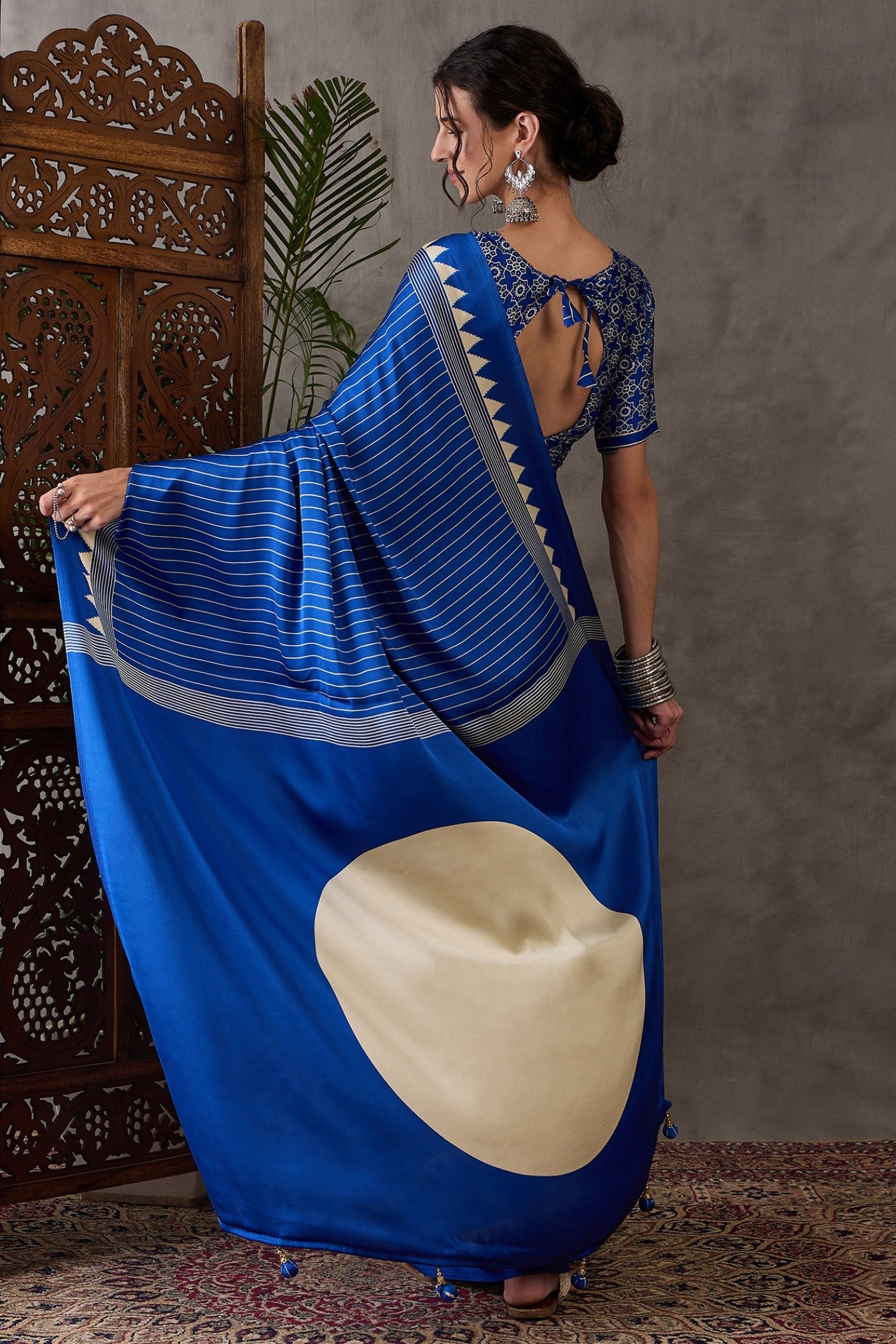 Buy MySilkLove Bondi Blue Printed Satin Gaji Silk Saree Online