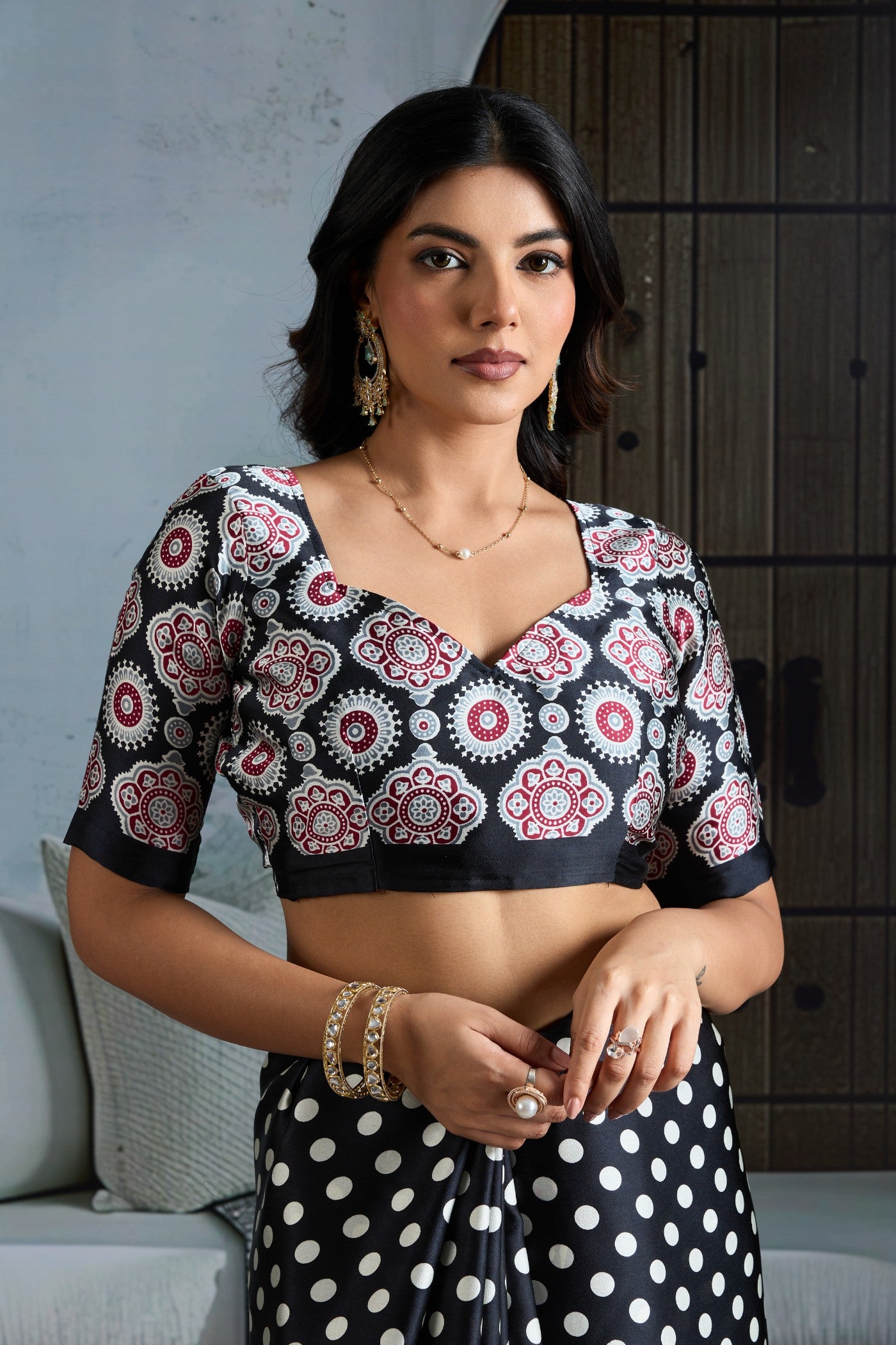 Buy MySilkLove Outer Black Printed Polka Dots Satin Crepe Saree Online