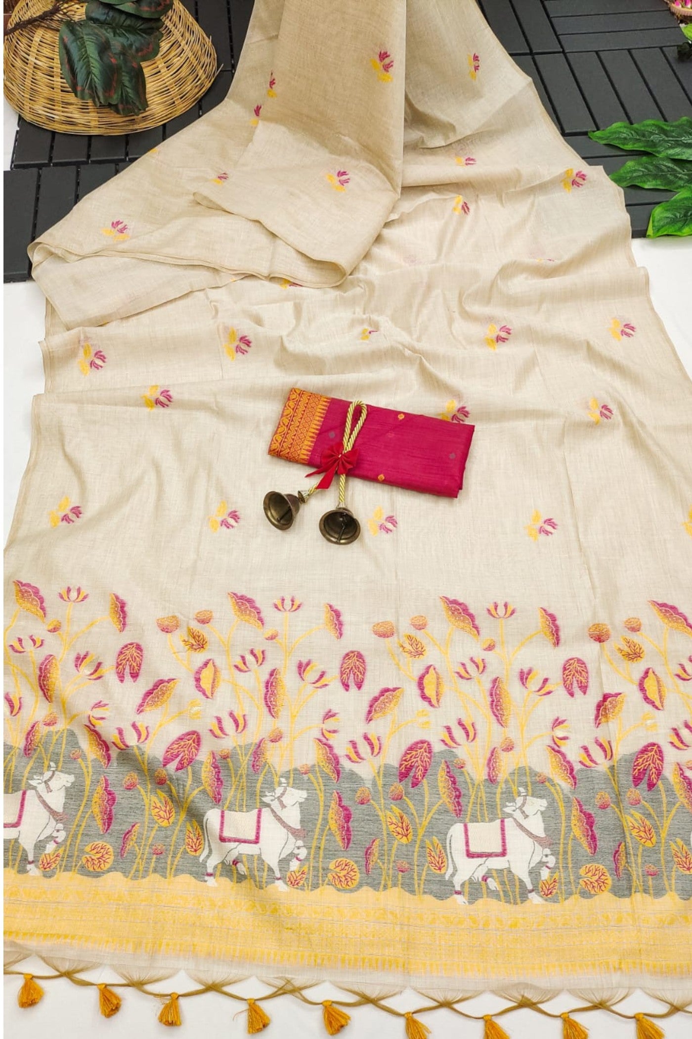 Buy MySilkLove Romance White and Pink Muga Cotton Saree Online