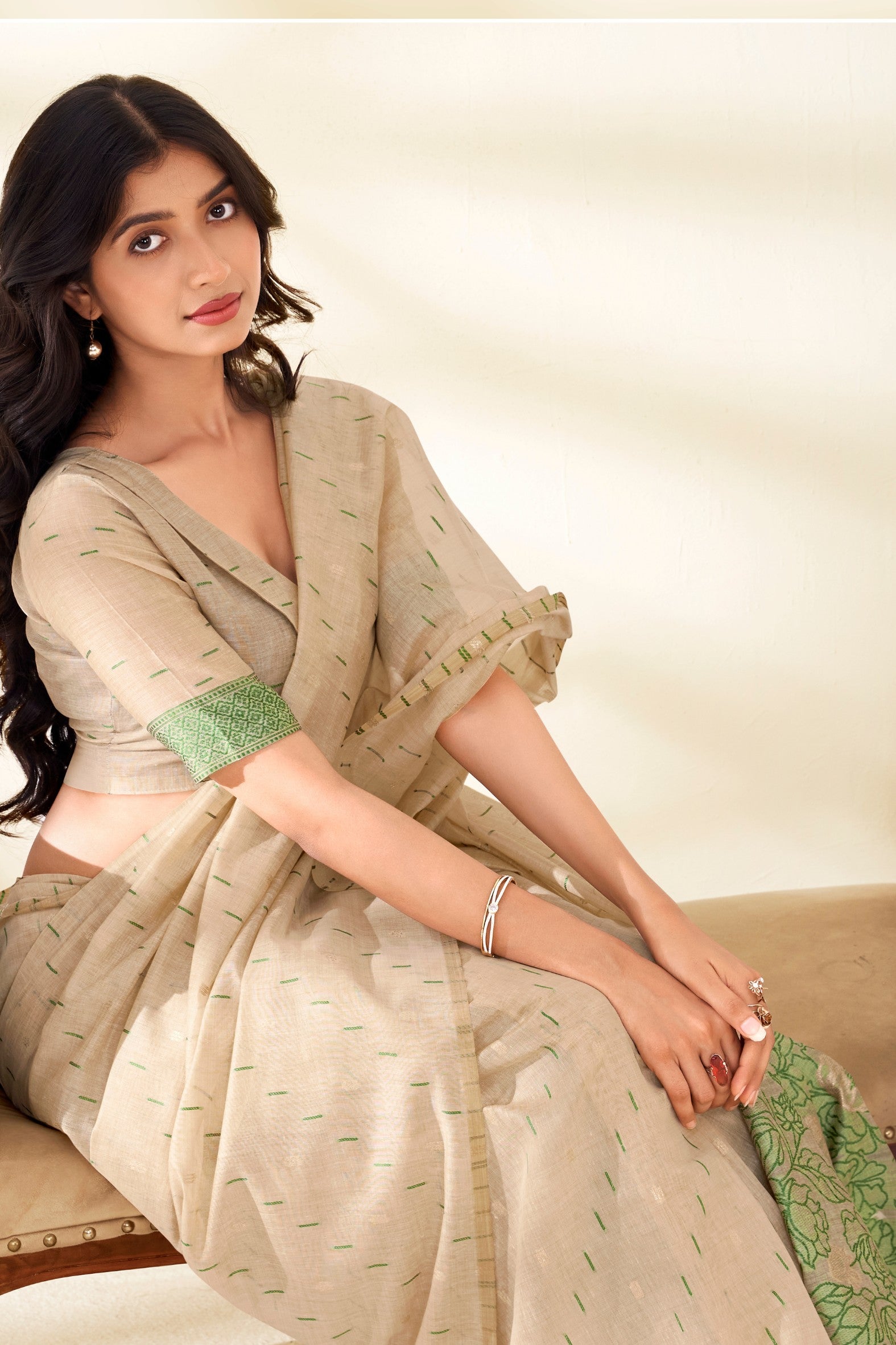 MySilkLove Coconut Cream and Green Woven Modal Cotton Saree