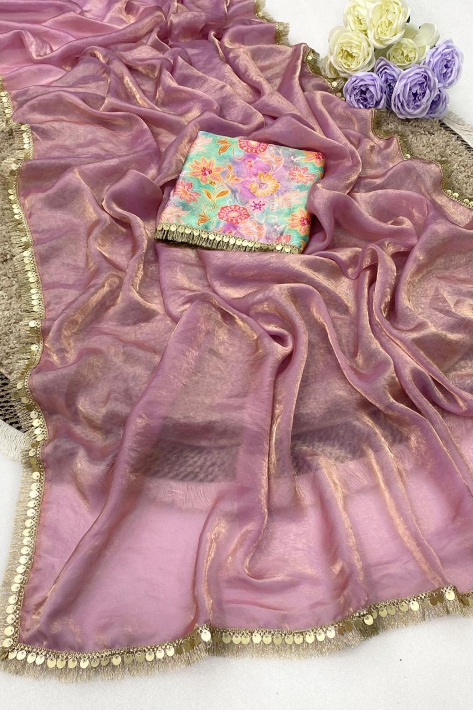 Buy MySilkLove Alabaster White Fancy Tissue Lace Saree With Printed Blouse Online
