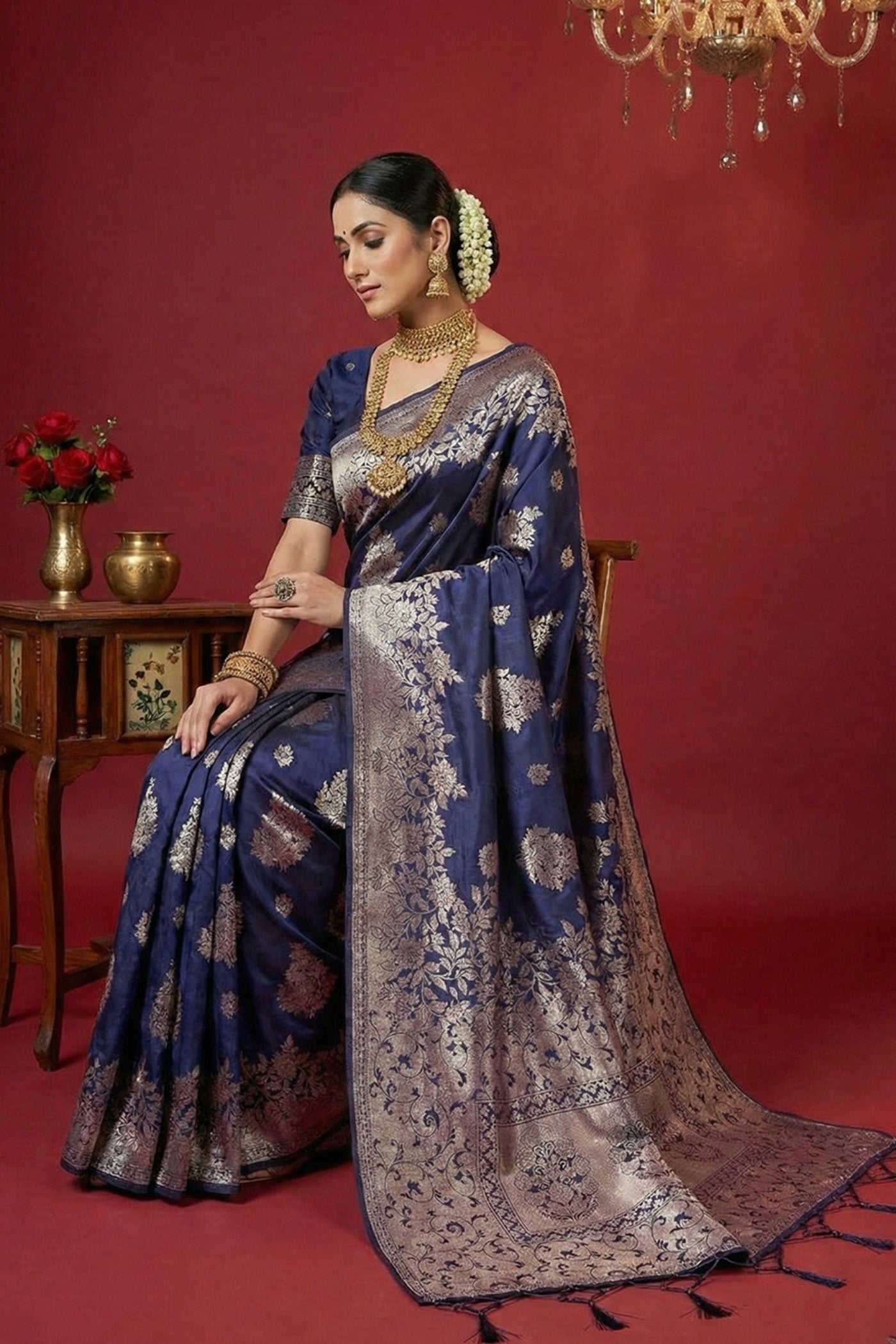 MySilkLove Navy Blue Woven Banarasi Silk Saree