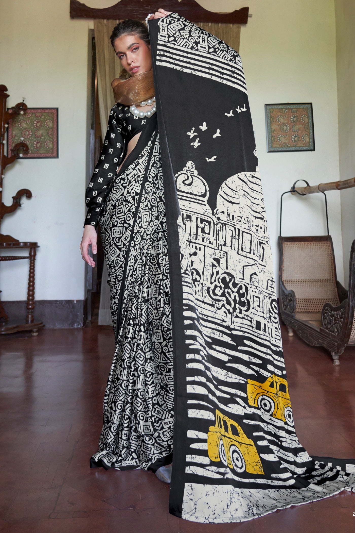 Buy MySilkLove Ink Black and White Printed Satin Crepe Silk Saree Online