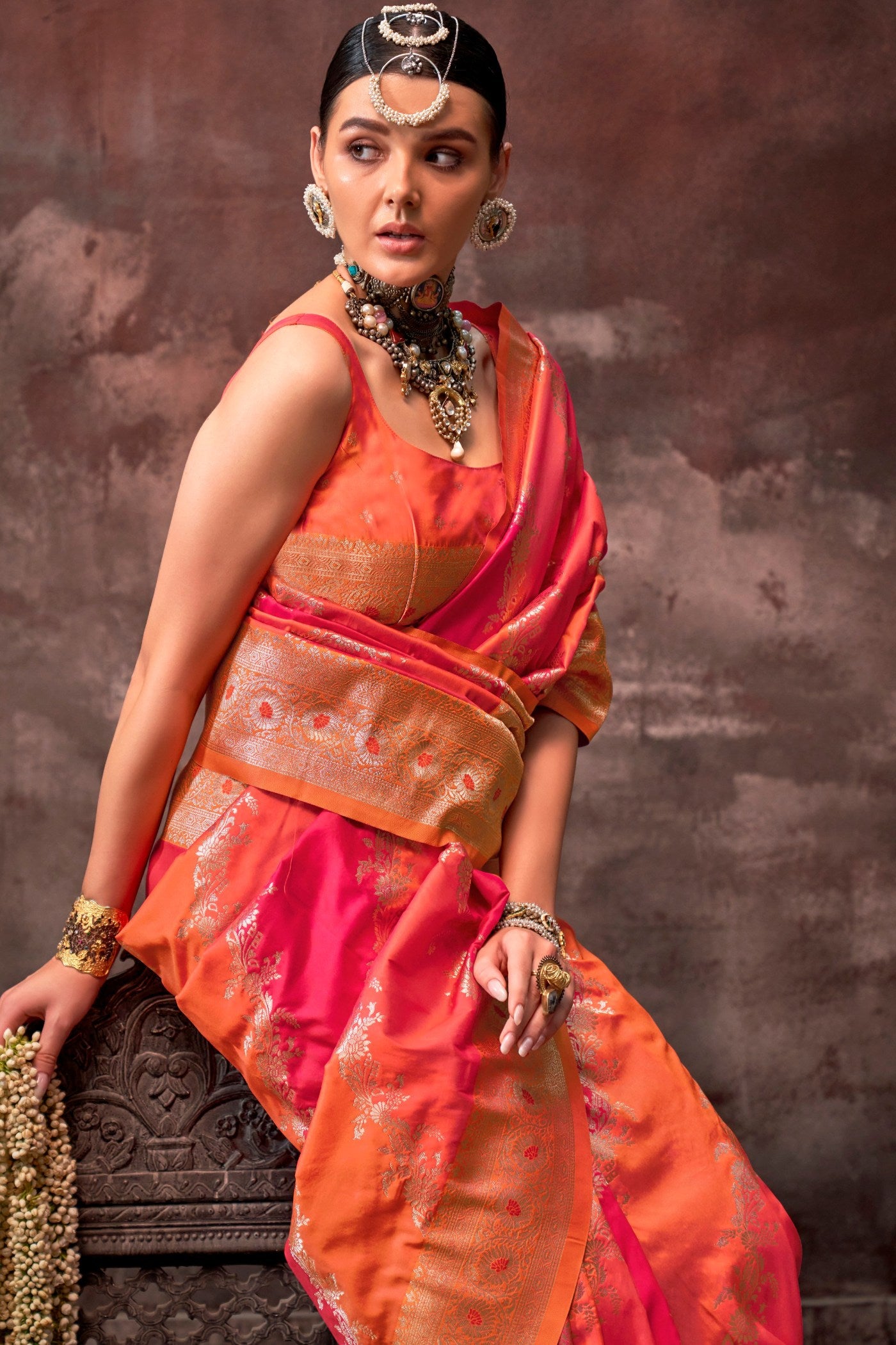 Buy MySilkLove Monarch Orange and Red Rangkaat Handloom Banarasi Saree Online