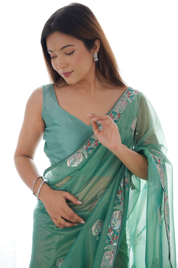 Buy MySilkLove Persian Green Partywear Net saree Online