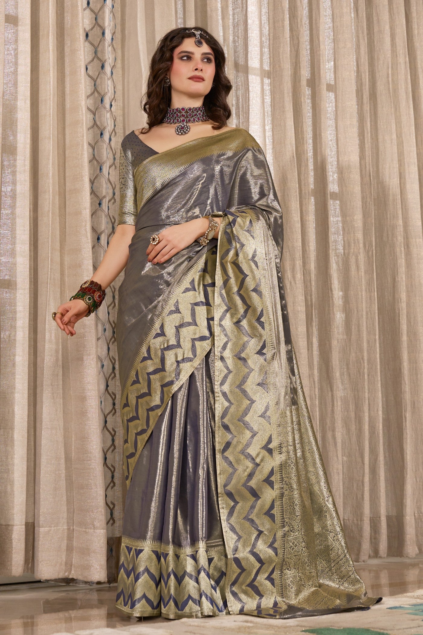 Buy MySilkLove Fleecy Grey Handloom Tissue Saree Online