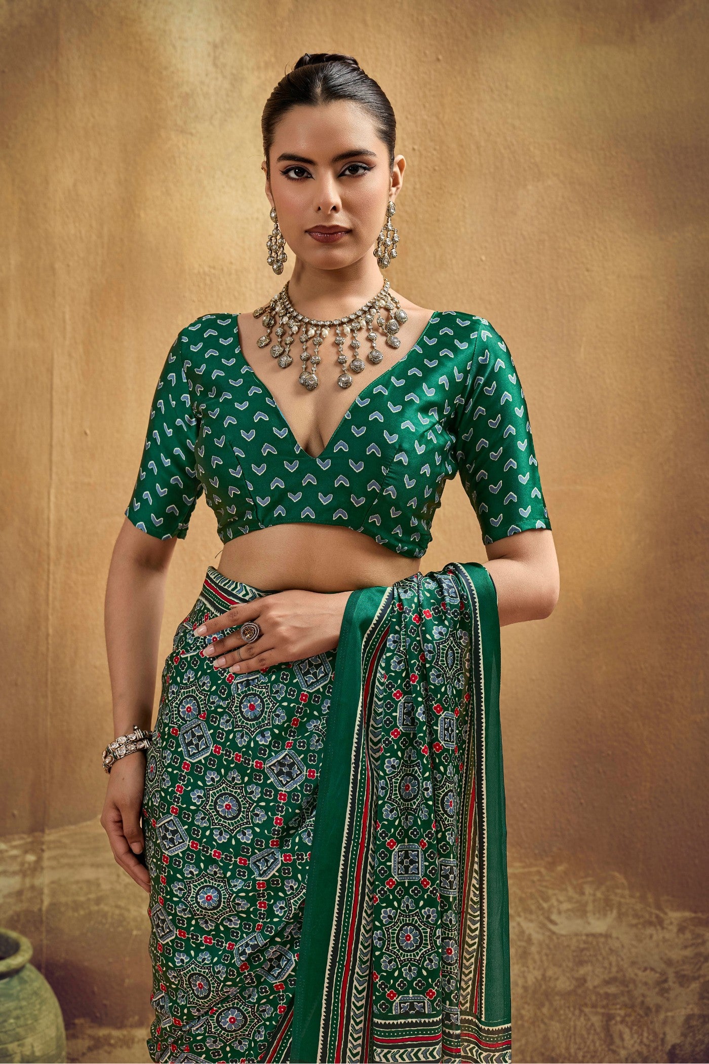 Buy MySilkLove Grass Green Modal Ajrakh Satin Printed Silk Saree Online
