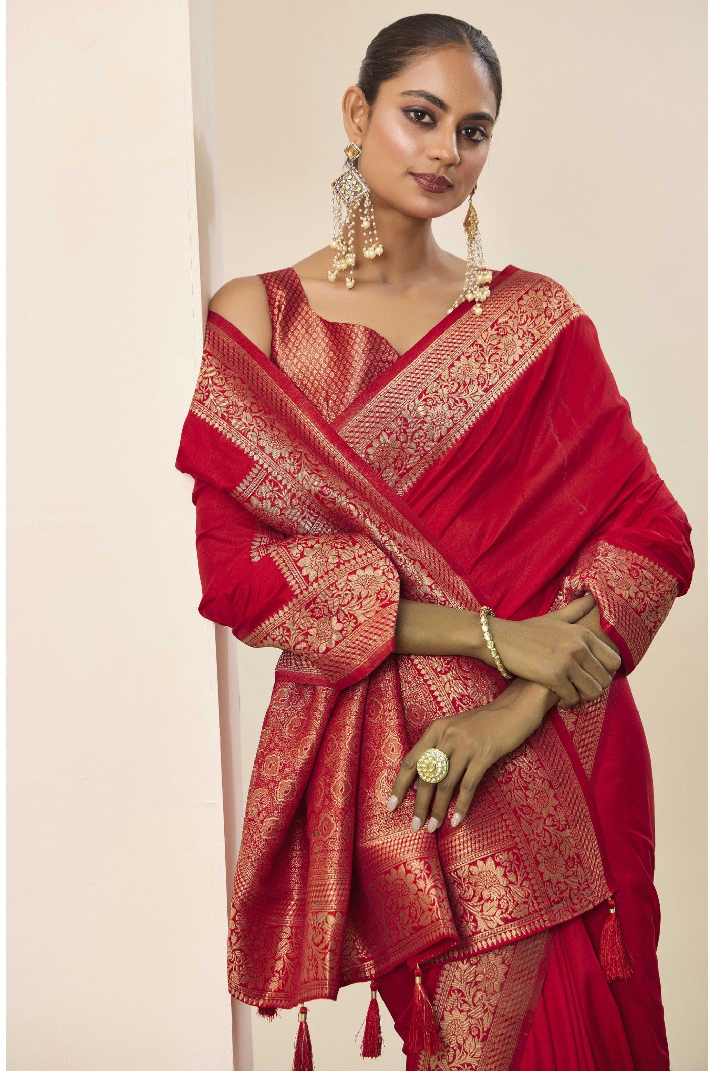 Buy MySilkLove Crismon Red Woven Dola Silk Saree Online