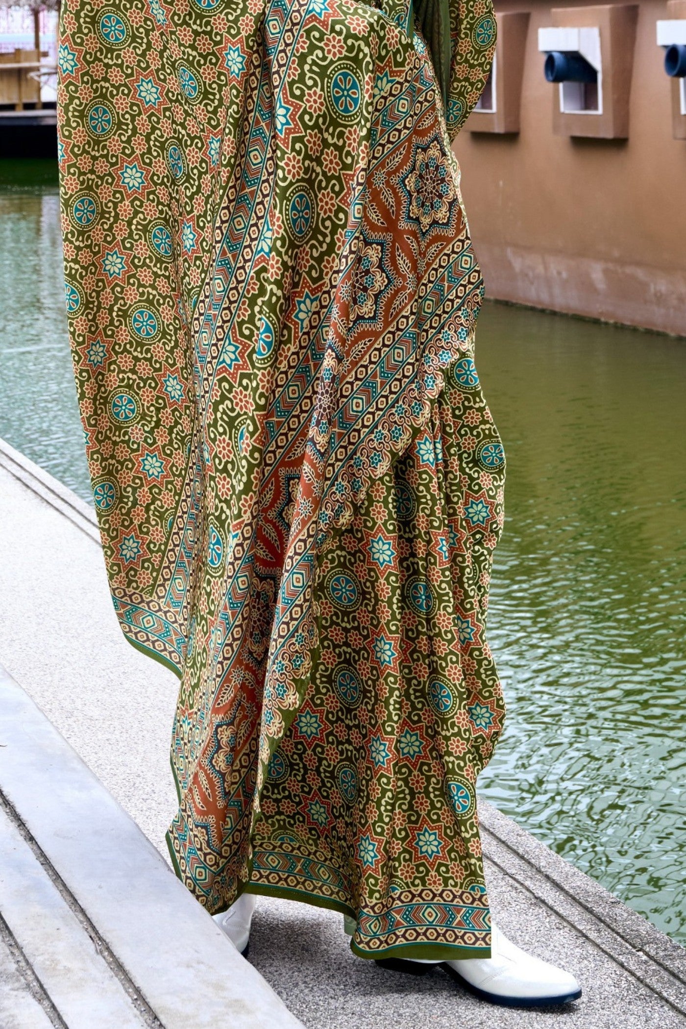 Buy MySilkLove Army Green Ajrakh Printed Satin Crepe Silk Saree Online