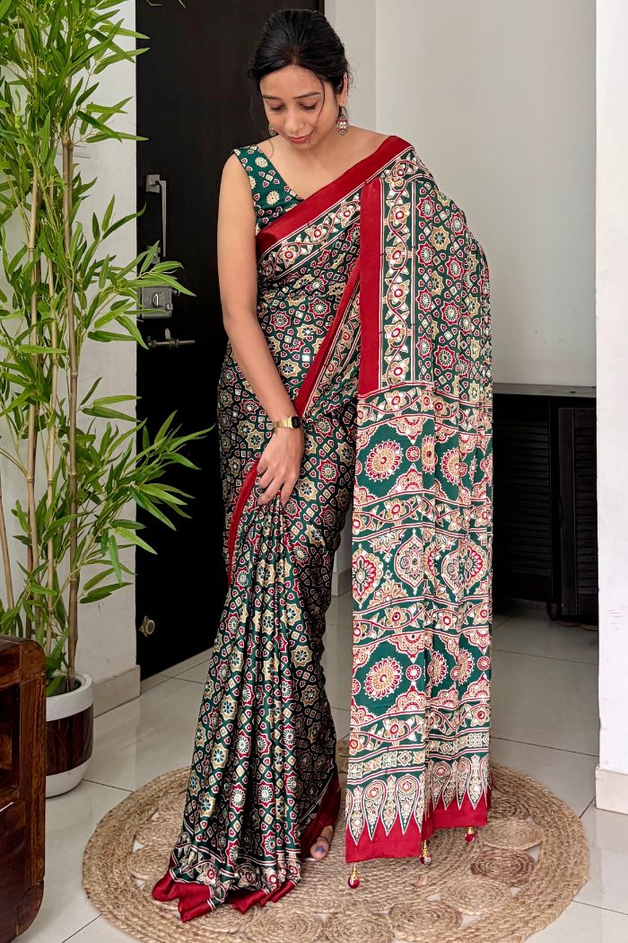 Buy MySilkLove Evergreen and Red Modal Ajrakh Satin Printed Mirror Work Saree Online