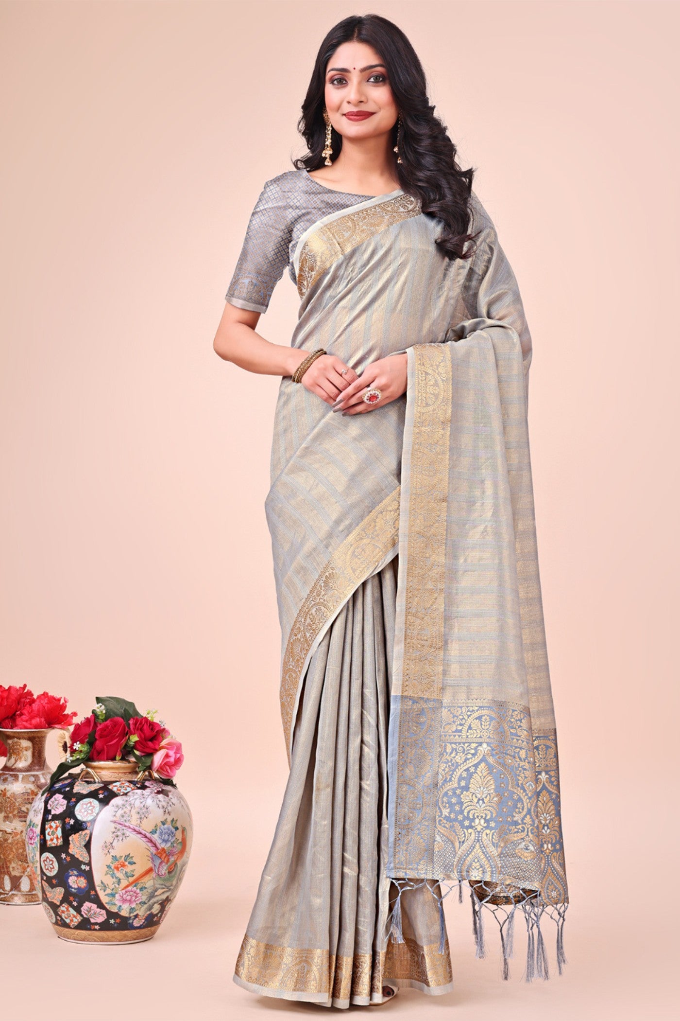 Buy MySilkLove Nickel Grey Woven Organza Saree Online
