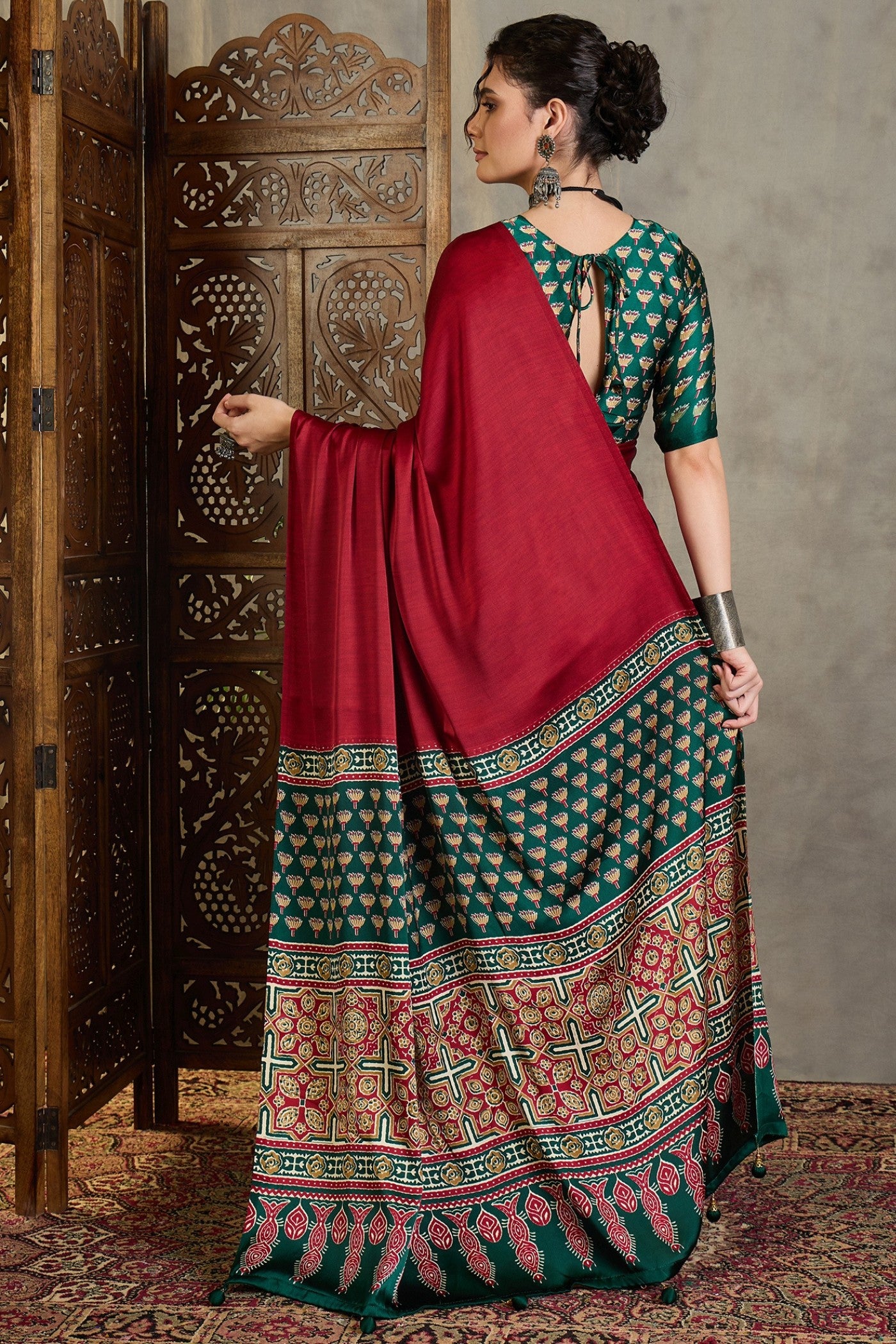 Buy MySilkLove Fire Red and Green Ajrakh Printed Satin Crepe Silk Saree Online