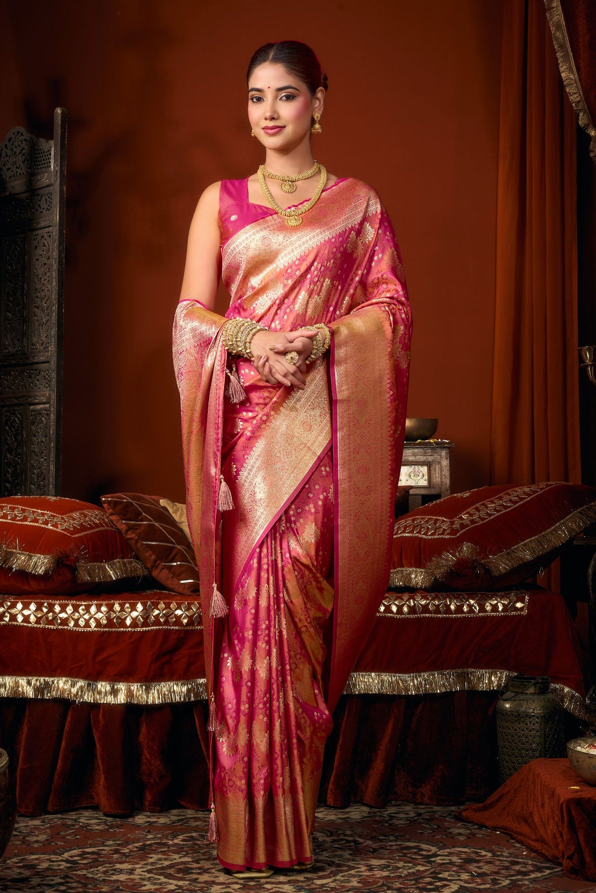 Buy MySilkLove Salmon Pink Woven Banarasi Jacquard Soft Silk Saree Online