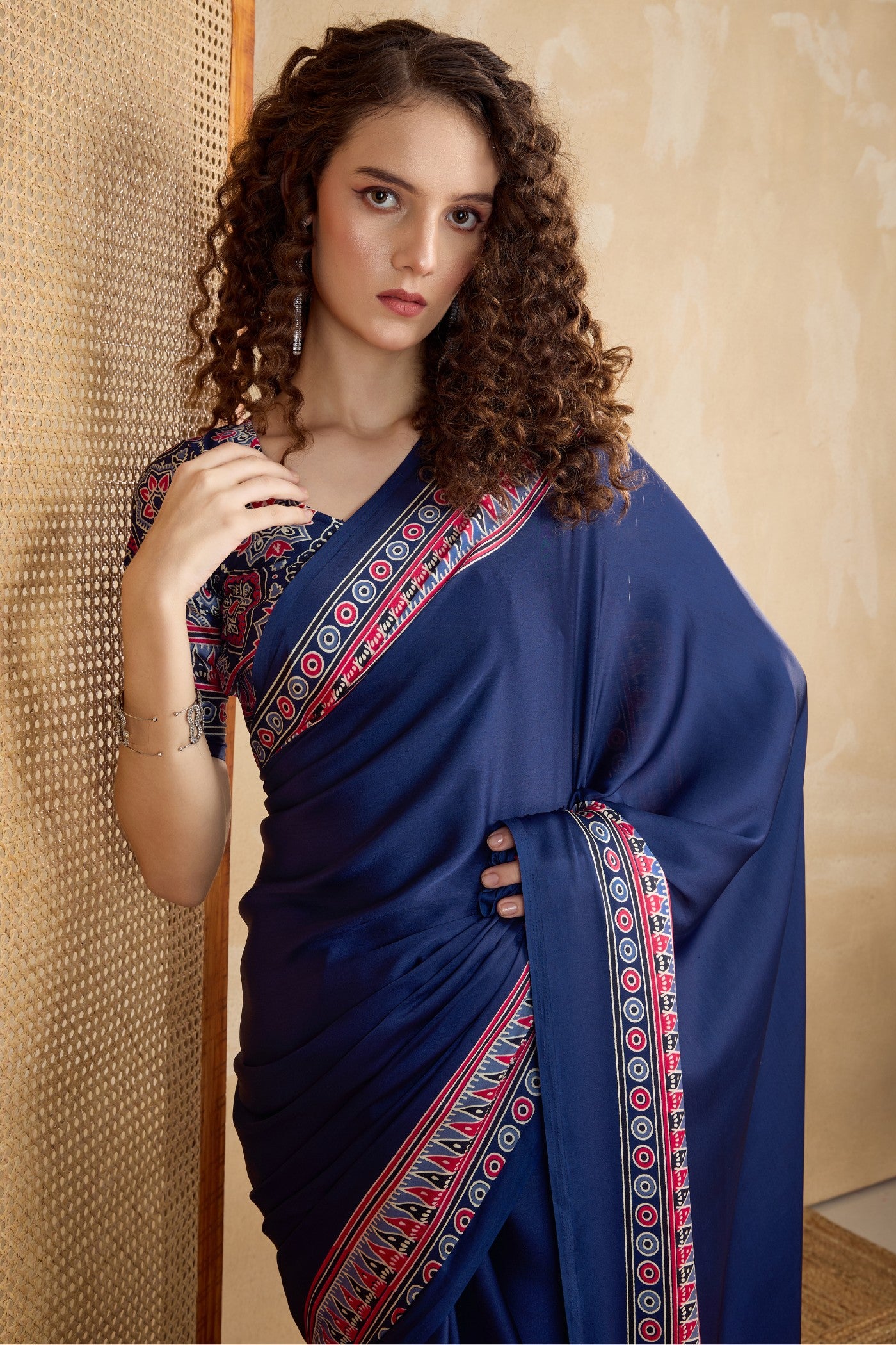 Buy MySilkLove Lapis Blue Ajrakh Printed Satin Crepe Silk Saree Online