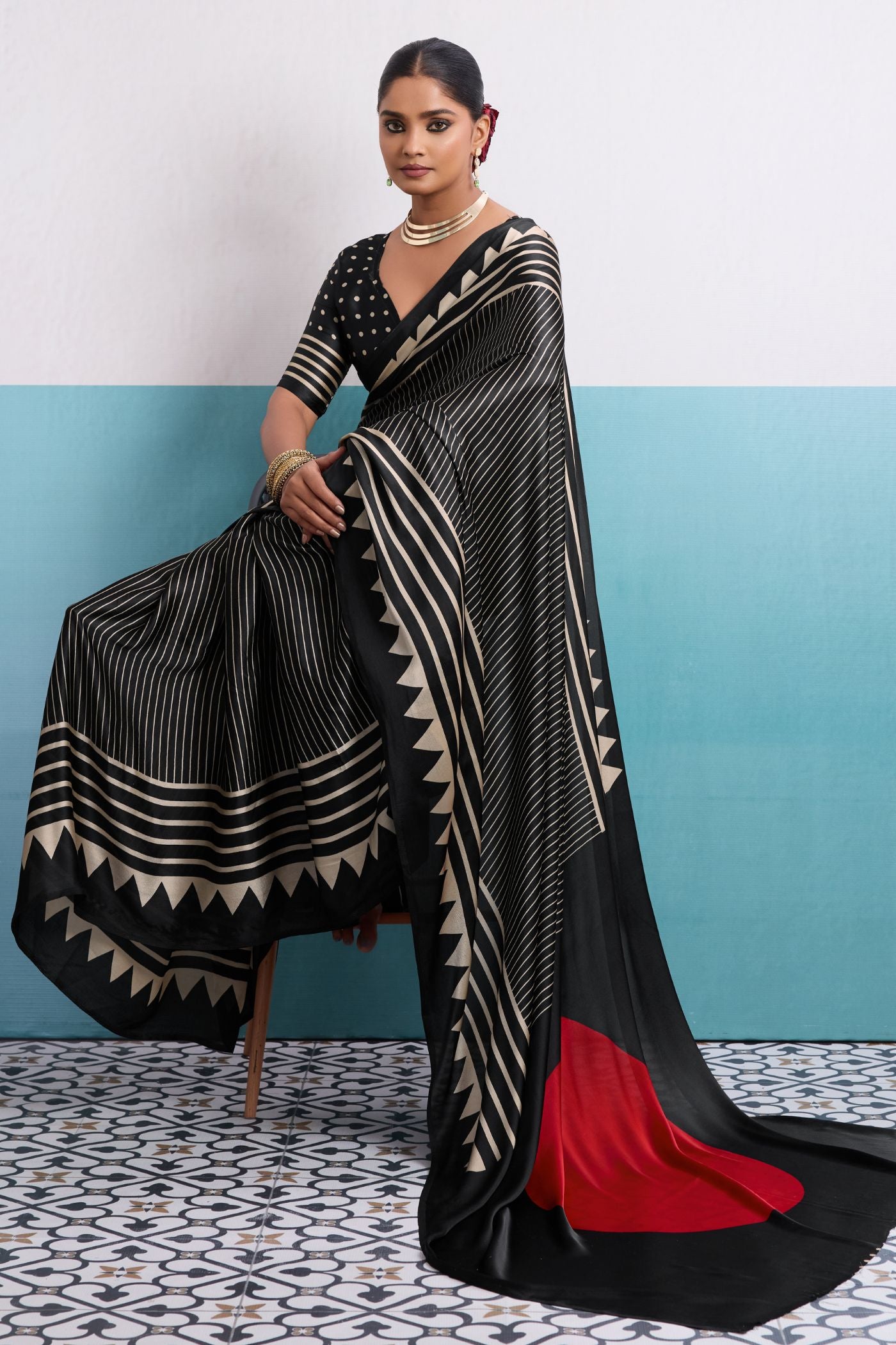 Buy MySilkLove Noir Black Stripe Ajrakh Printed Satin Crepe Silk Saree Online