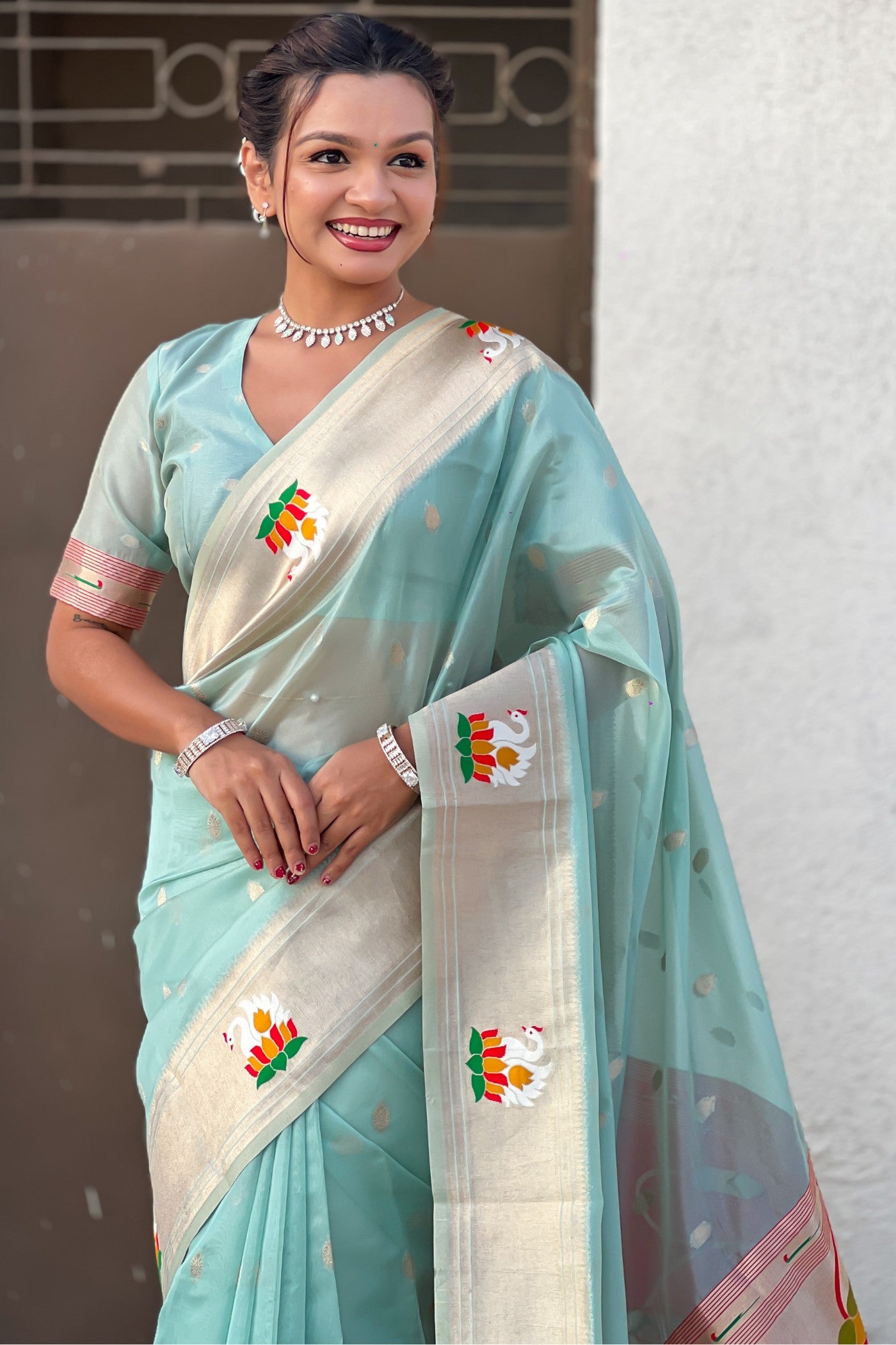 Buy MySilkLove Prussian Blue Organza Woven Paithani Saree Online