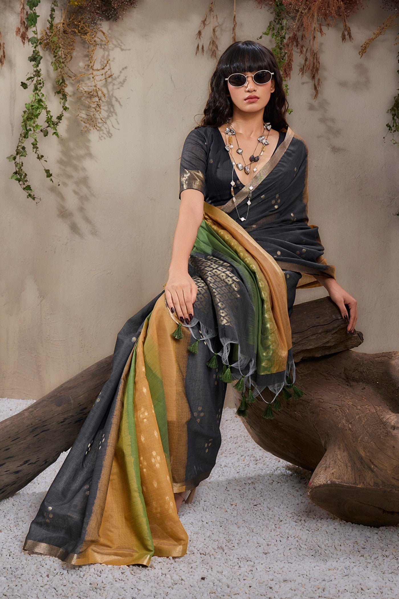 Buy MySilkLove Volcanic Black and Green Handloom Cotton Saree Online