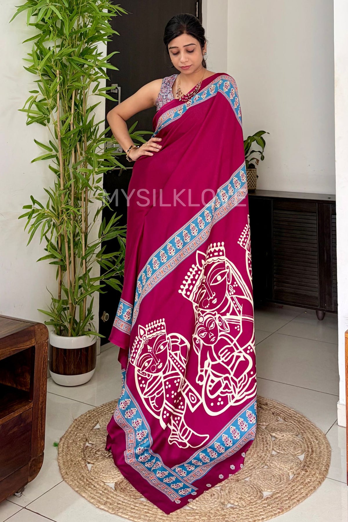 Buy MySilkLove Grape Purple Modal Ajrakh Satin Printed Silk Saree Online