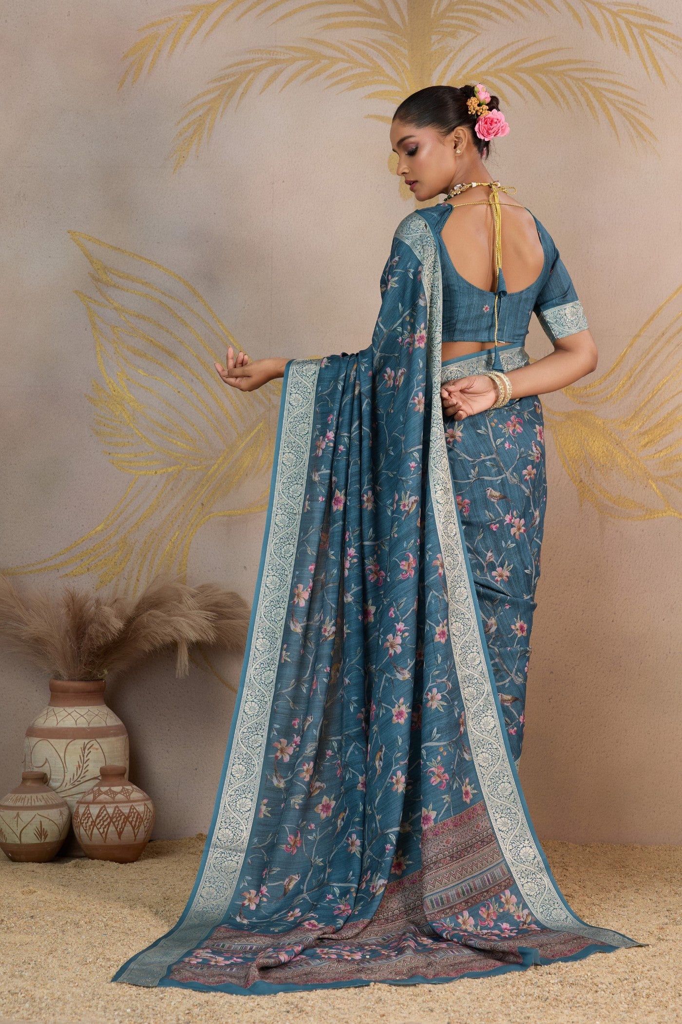 Buy MySilkLove Stormy Blue Viscose Digital Printed Saree Online