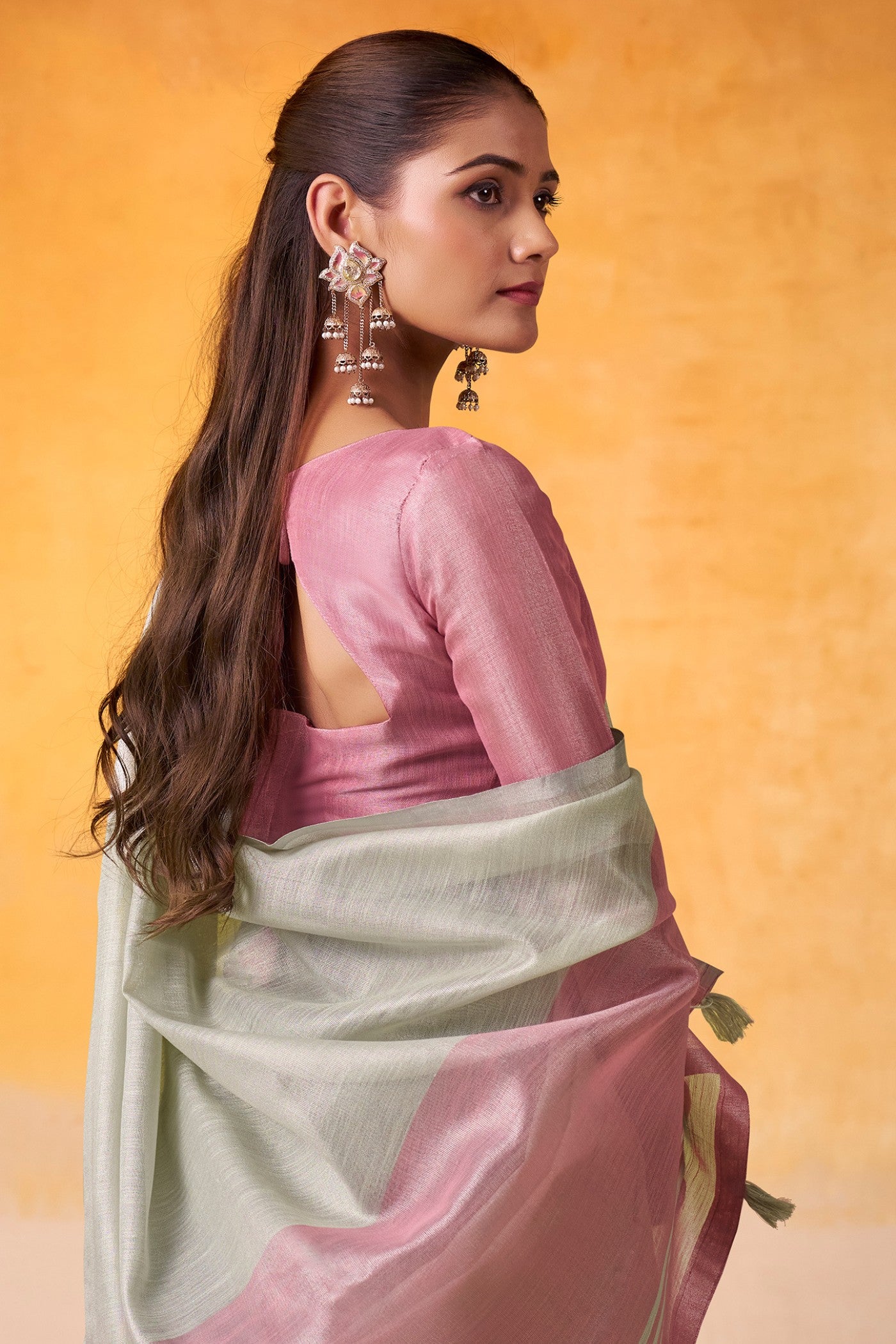 Buy MySilkLove Parchment White and Pink Woven Tissue Silk Saree Online