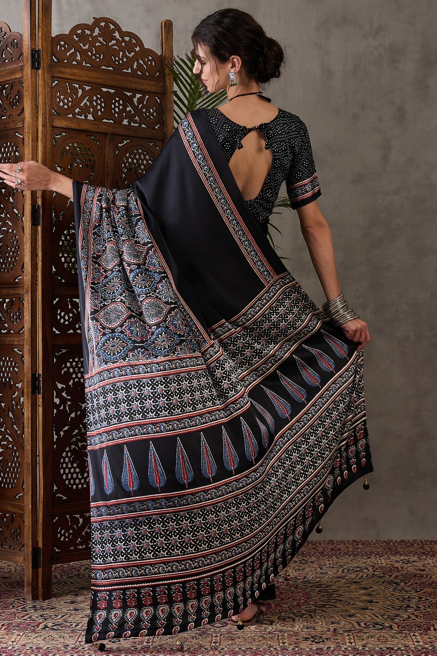 Buy MySilkLove Metal Black Printed Satin Gaji Silk Saree Online