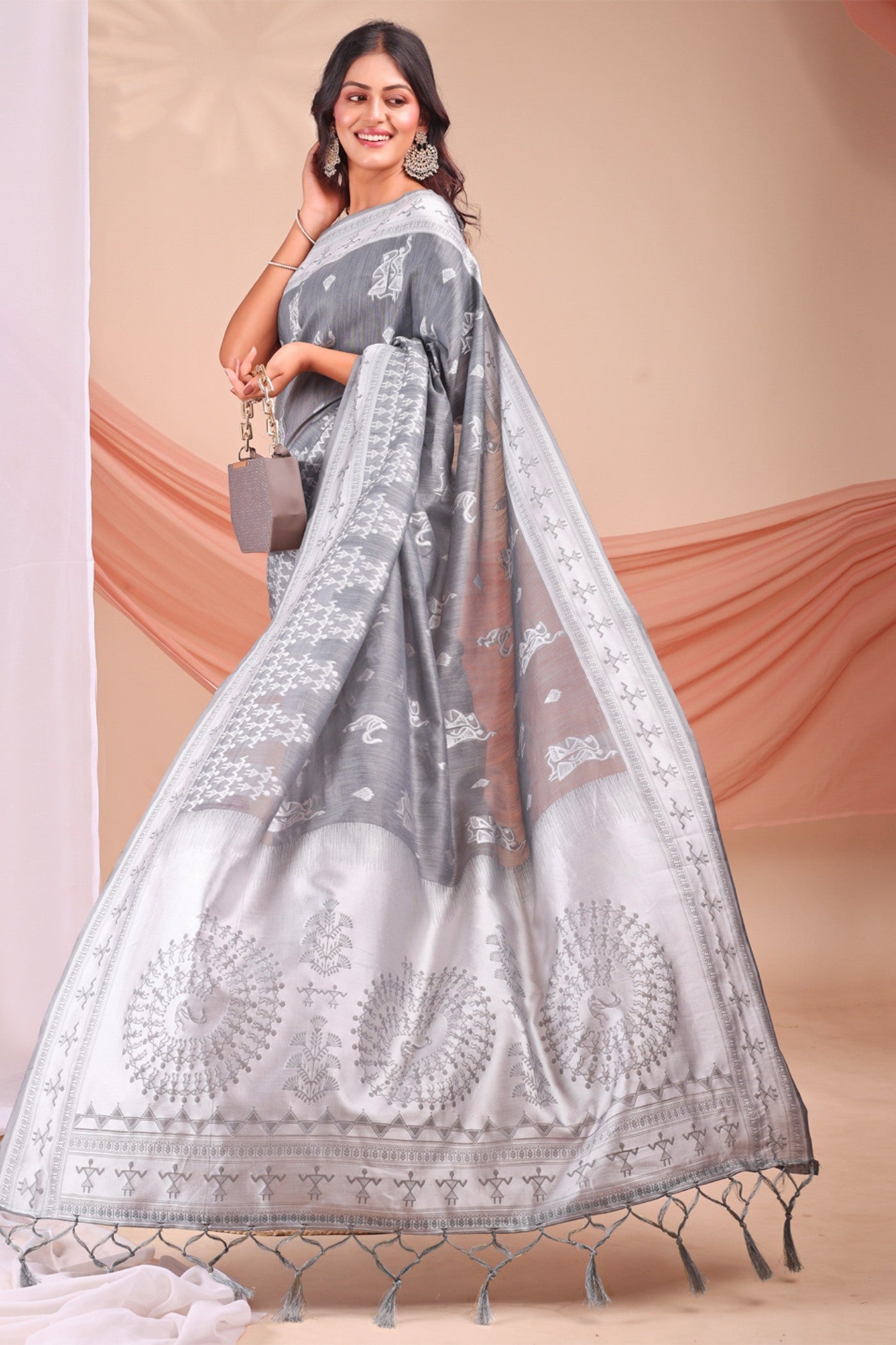 Buy MySilkLove Coral Grey Woven Linen Cotton Saree Online