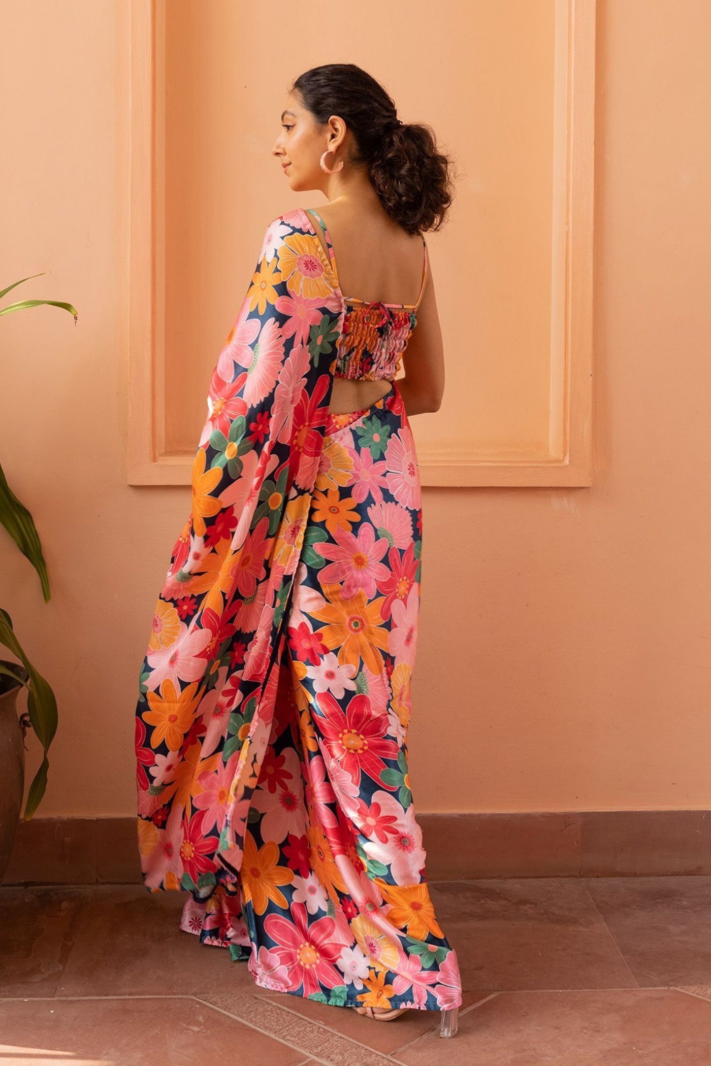 Buy MySilkLove Strawberry Pink Floral Printed Satin Silk Saree Online
