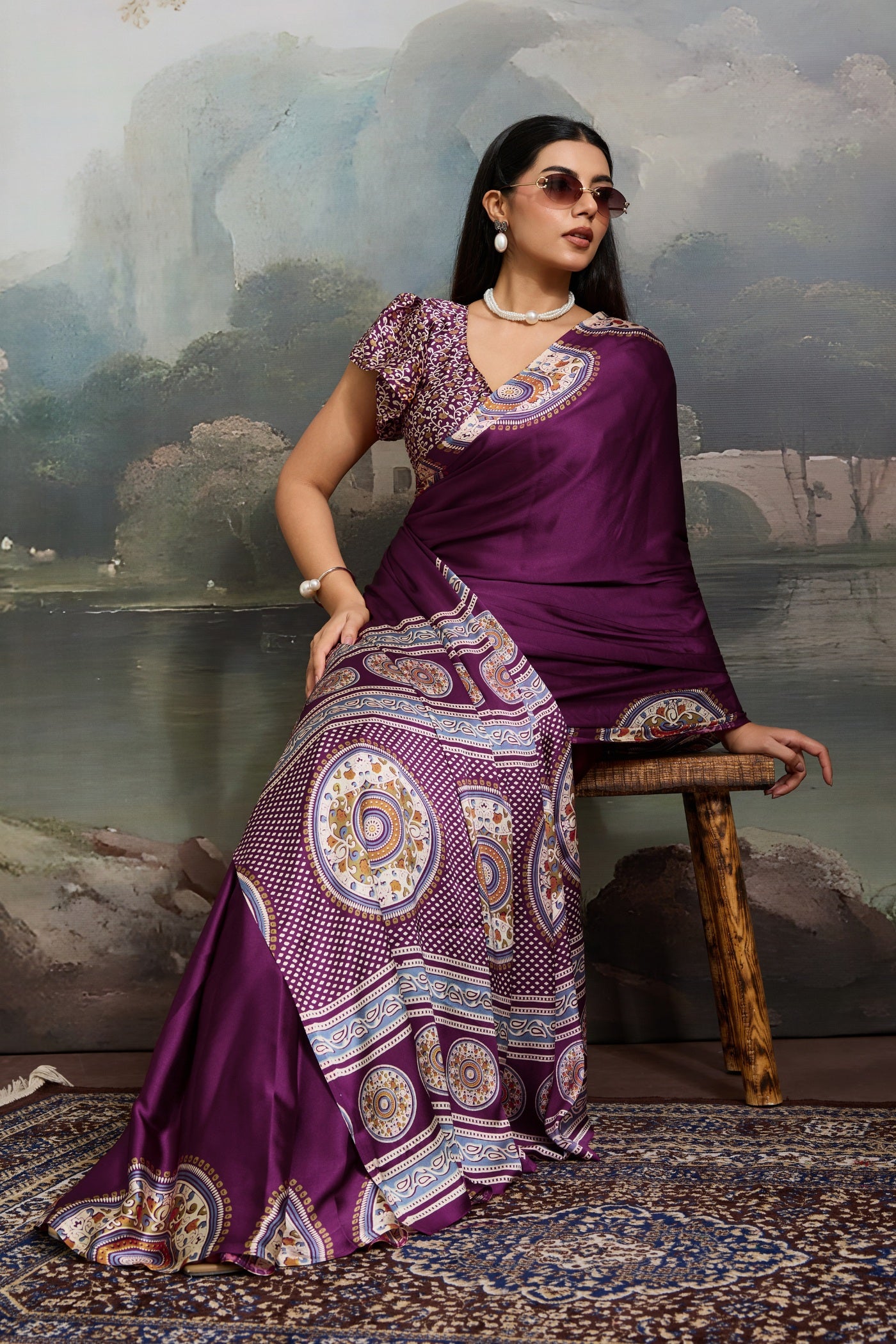Buy MySilkLove Tacao Purple Modal Ajrakh Printed Silk Saree Online