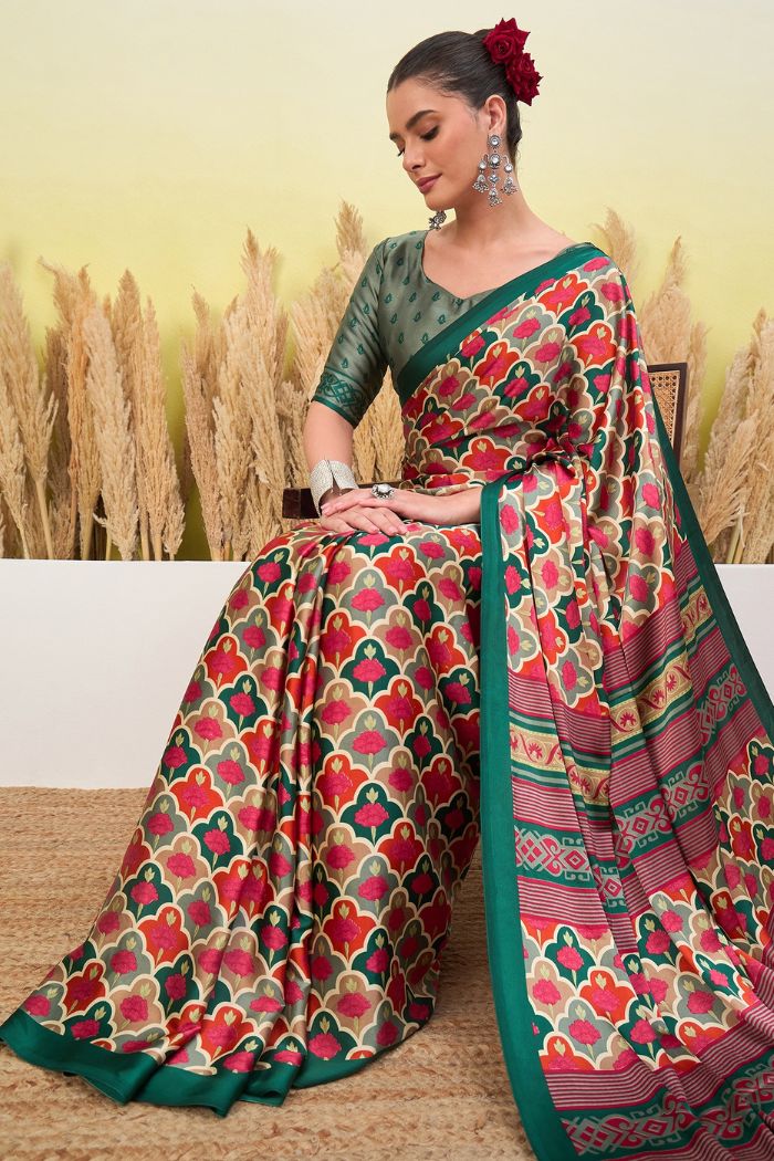 Buy MySilkLove Red Ink and Green Modal Satin Printed Silk Saree Online