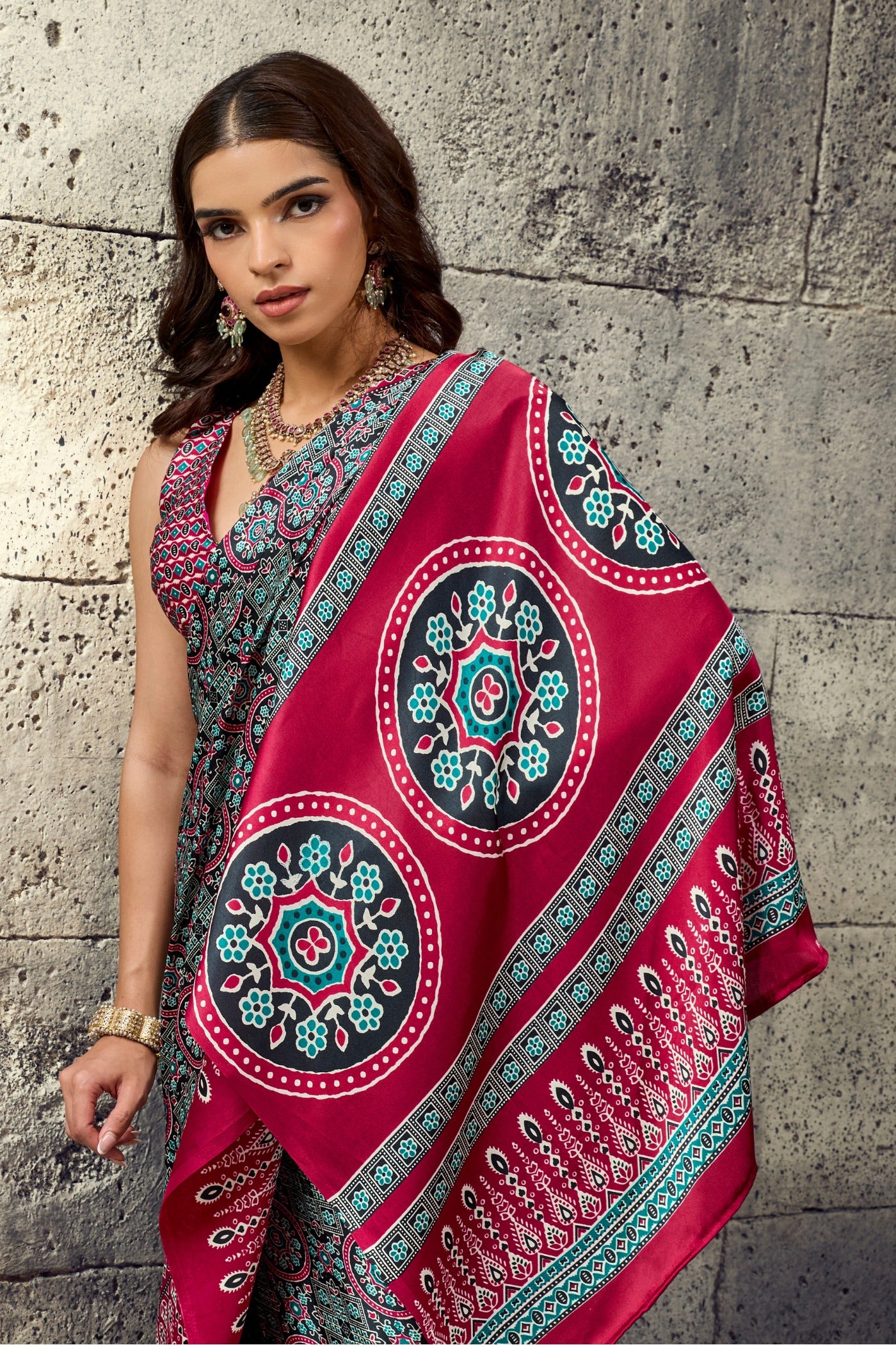 Buy MySilkLove Navy Blue and Maroon Modal Ajrakh Satin Printed Silk Saree Online