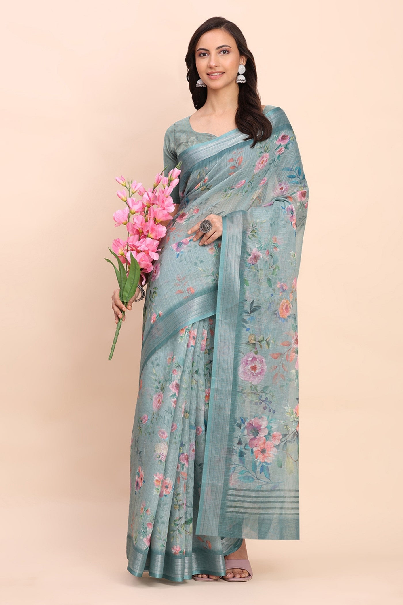 Buy MySilkLove Electric Blue Woven Linen Cotton Saree Online