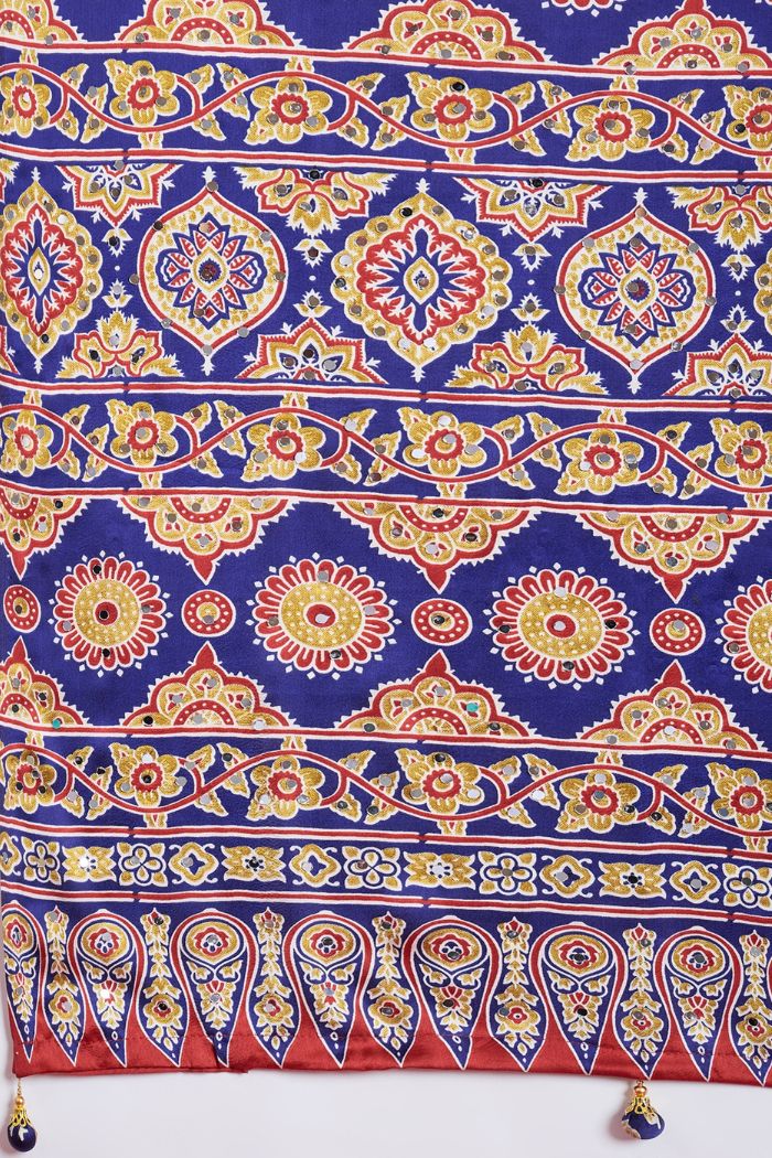 Buy MySilkLove Azure Blue Modal Ajrakh Satin Printed Mirror Work Saree Online
