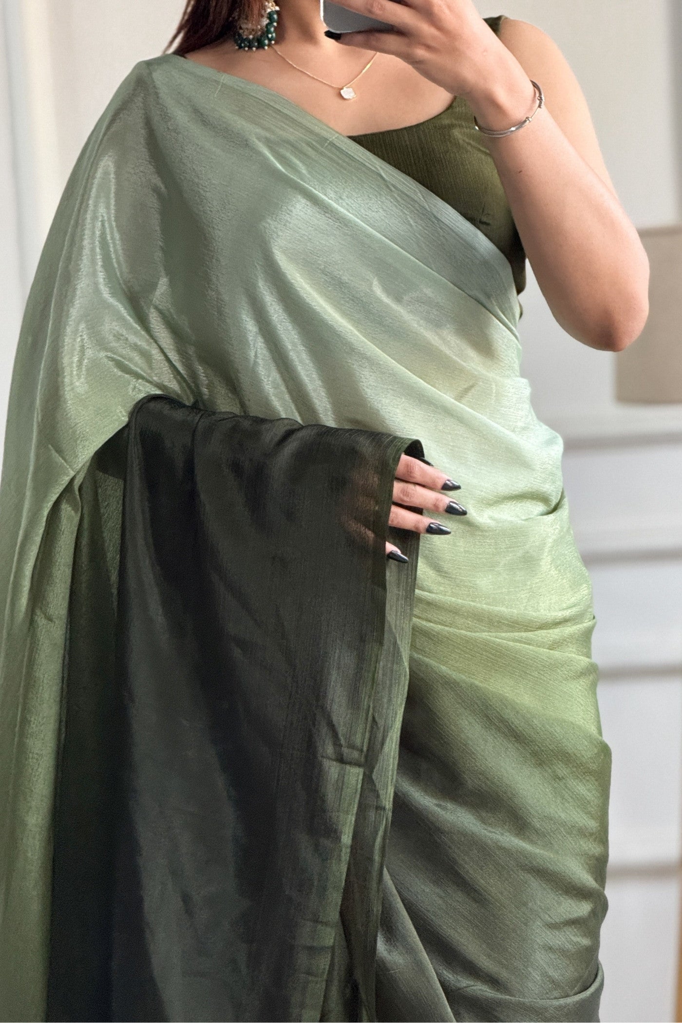 Buy MySilkLove Sage Green Chinon Ready To Wear Saree Online
