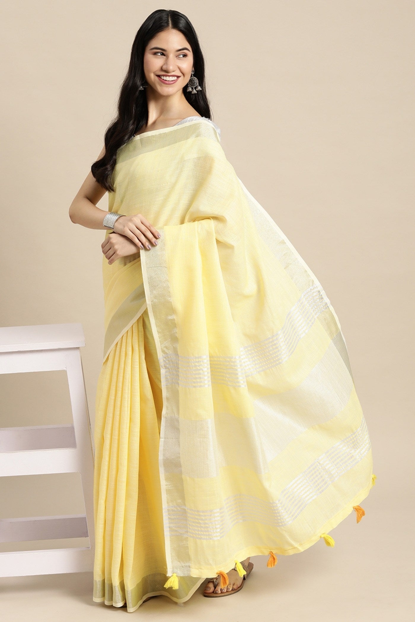 Buy MySilkLove Pastel Yellow Woven Linen Cotton Saree Online