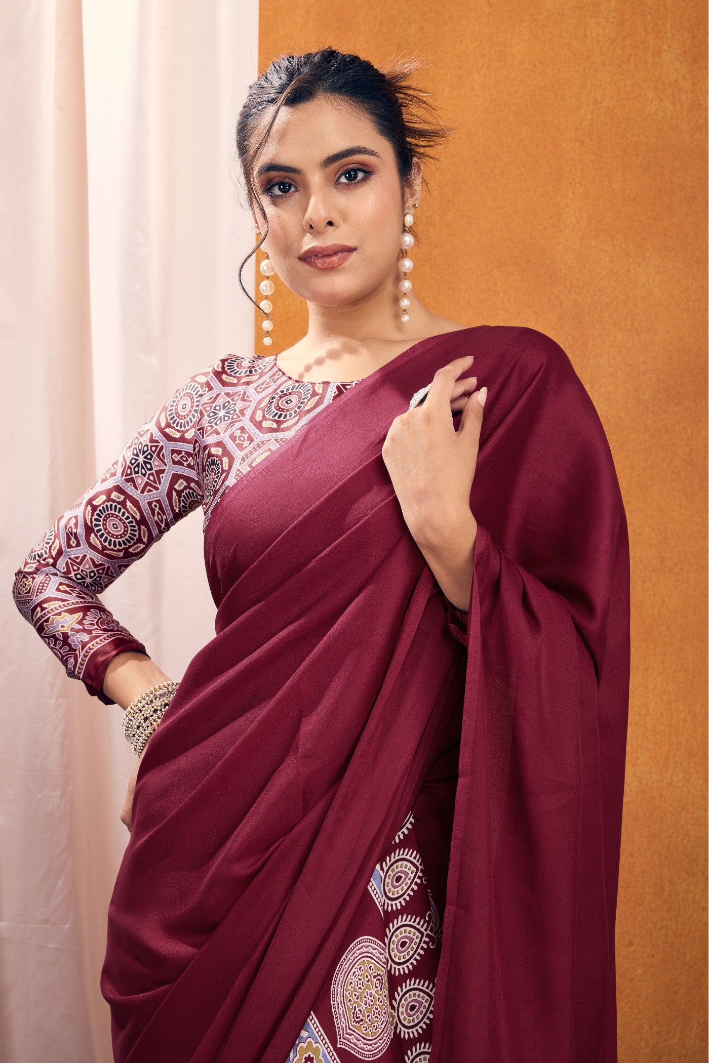 Buy MySilkLove Brick Maroon Ajrakh Printed Satin Crepe Silk Saree Online