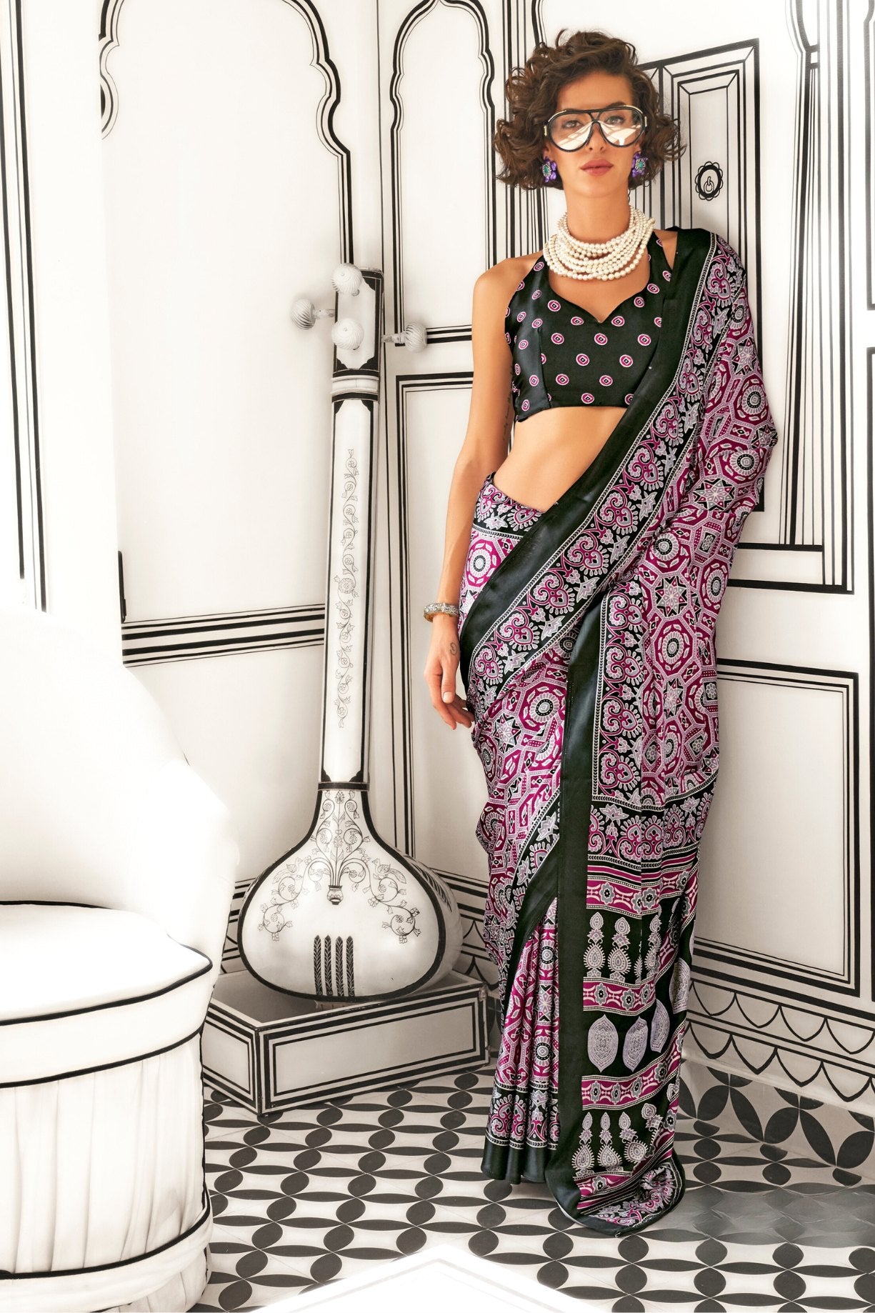 Buy MySilkLove Pharlap Purple Printed Ajrakh Satin Crepe Saree Online
