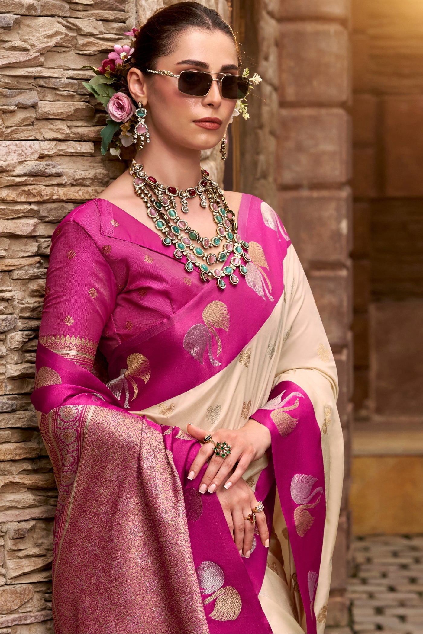 Buy MySilkLove Coffee Cream Woven Satin Soft Silk Saree Online