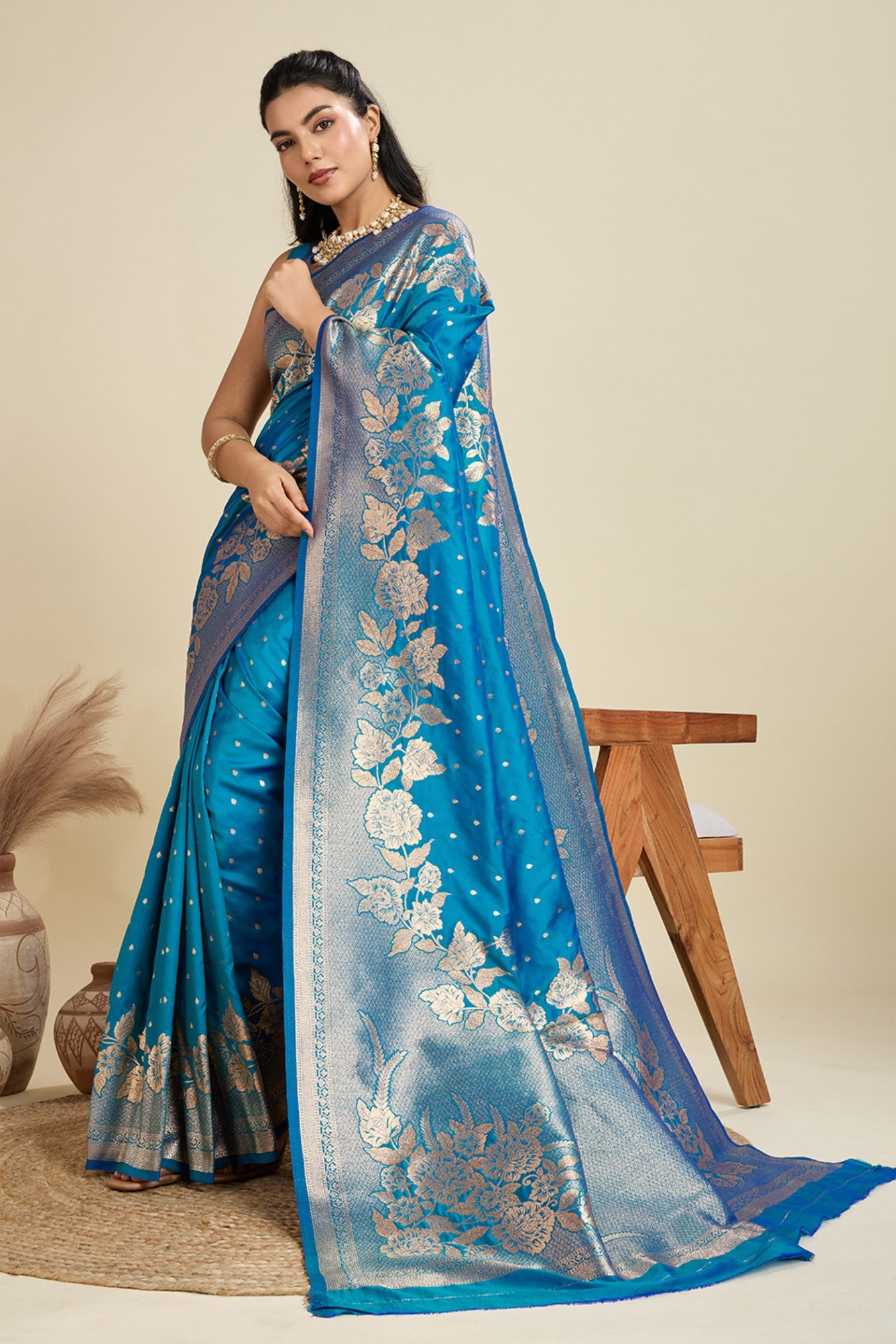 Buy MySilkLove Star Blue Zari Woven Soft Kanjivaram Saree Online