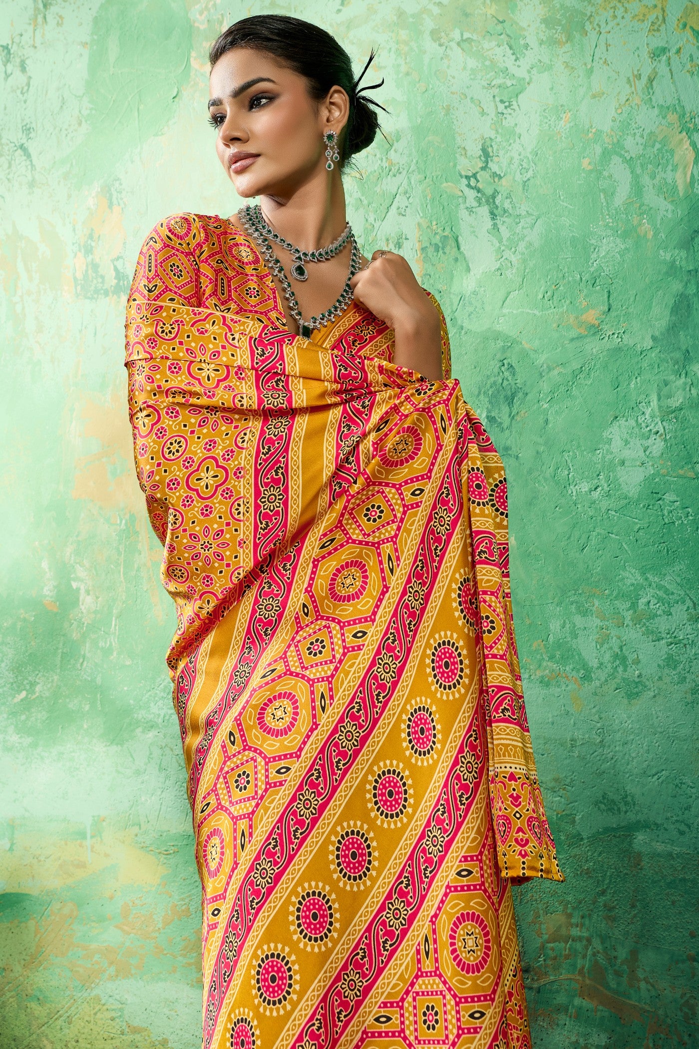 Buy MySilkLove Citrus Spark Yellow Modal Ajrakh Satin Printed Silk Saree Online