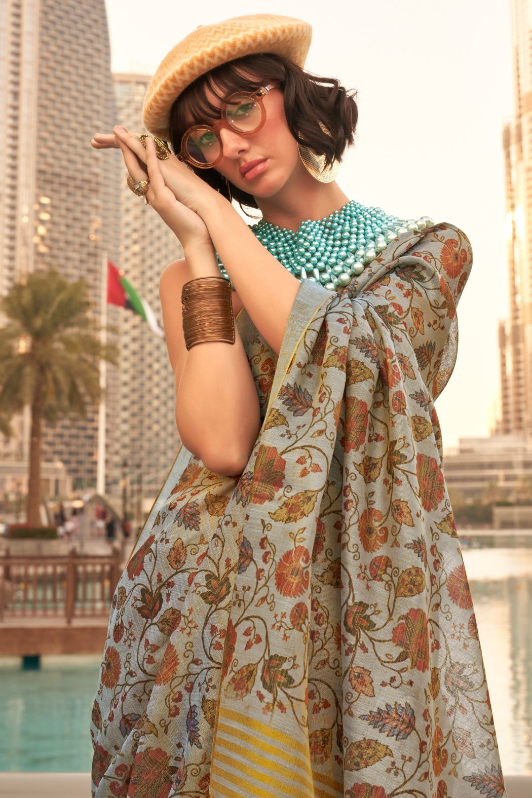 Buy MySilkLove Flint Grey Printed Tissue Saree Online