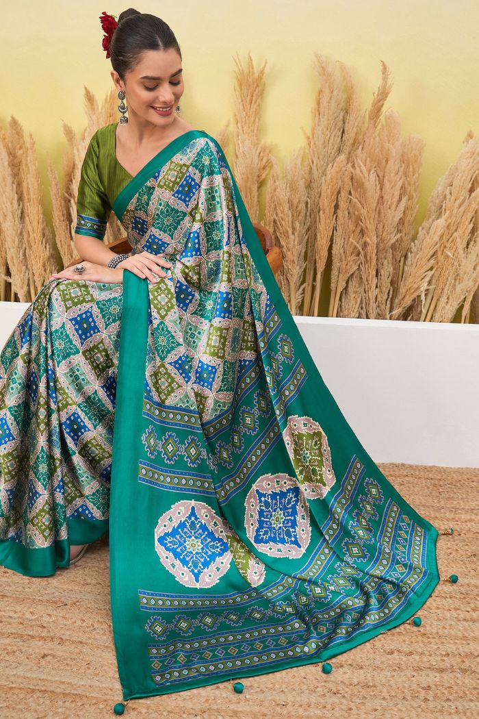 MySilkLove Turquoise Blue Patola Printed Satin Crepe Silk Saree