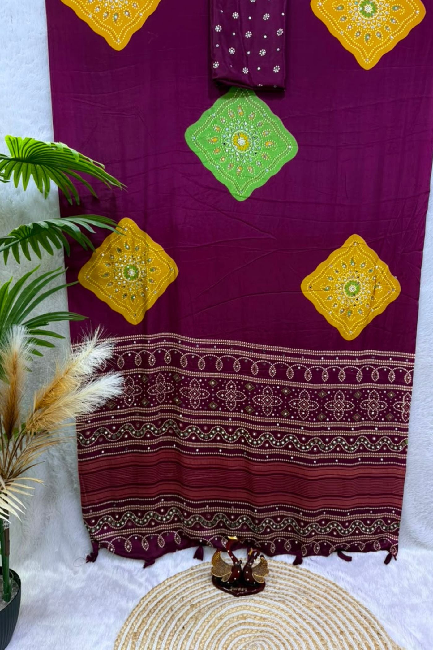 Buy MySilkLove Leaf Green Ajrakh Satin Printed Mirror Work Saree Online
