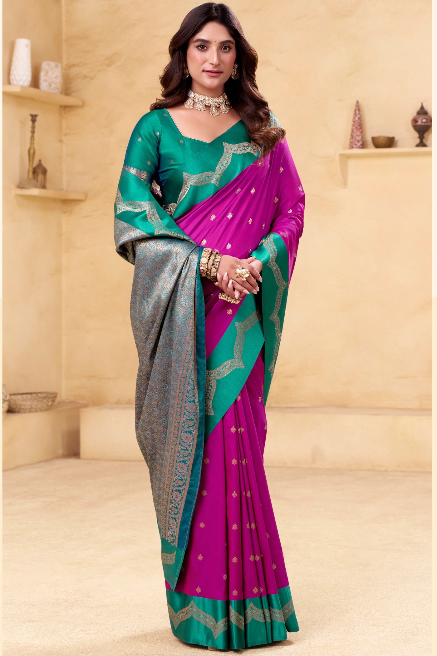 Buy MySilkLove Magenta Pink Woven Banarasi Satin Soft Silk Saree Online