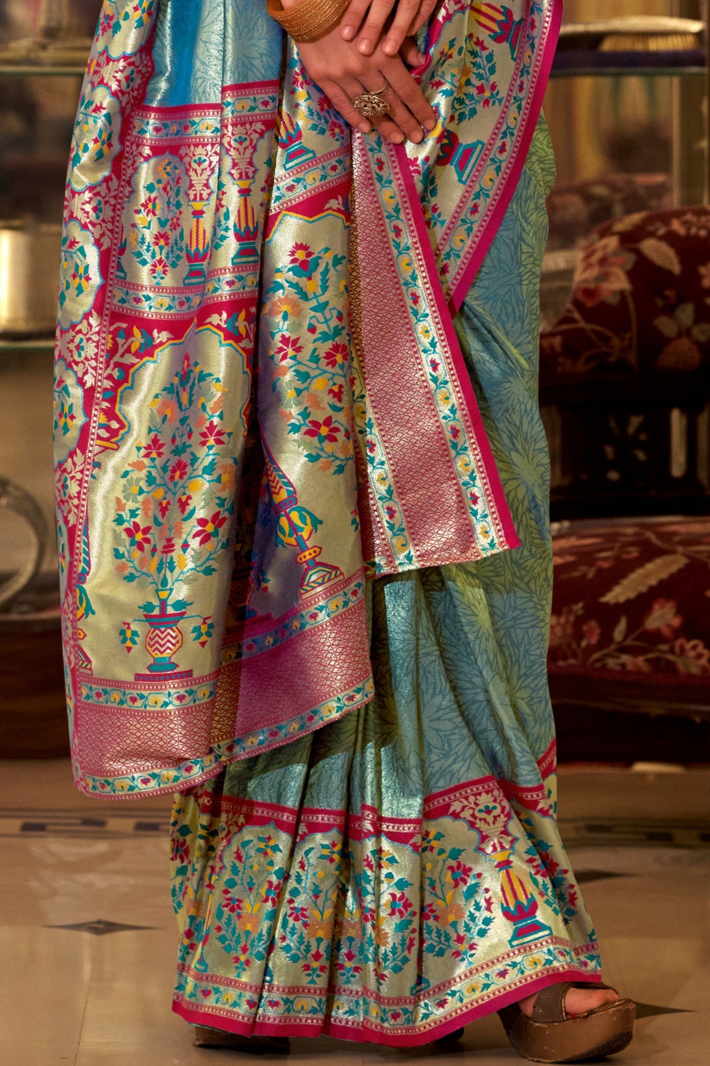 Buy MySilkLove Neptune Blue Woven Tissue Silk Saree Online
