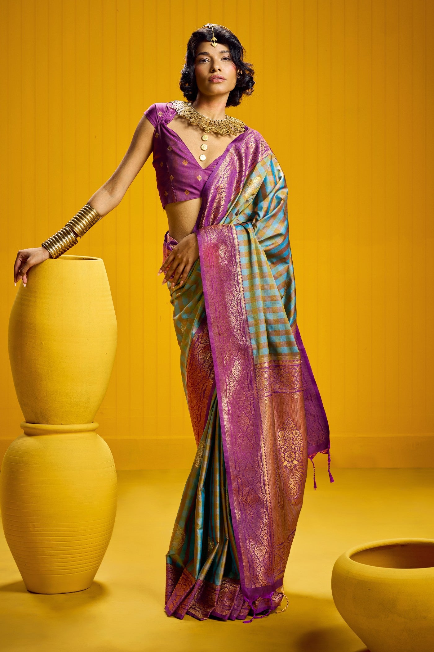Buy MySilkLove Slate Blue Banarasi Two Tone Checks Handloom Saree Online