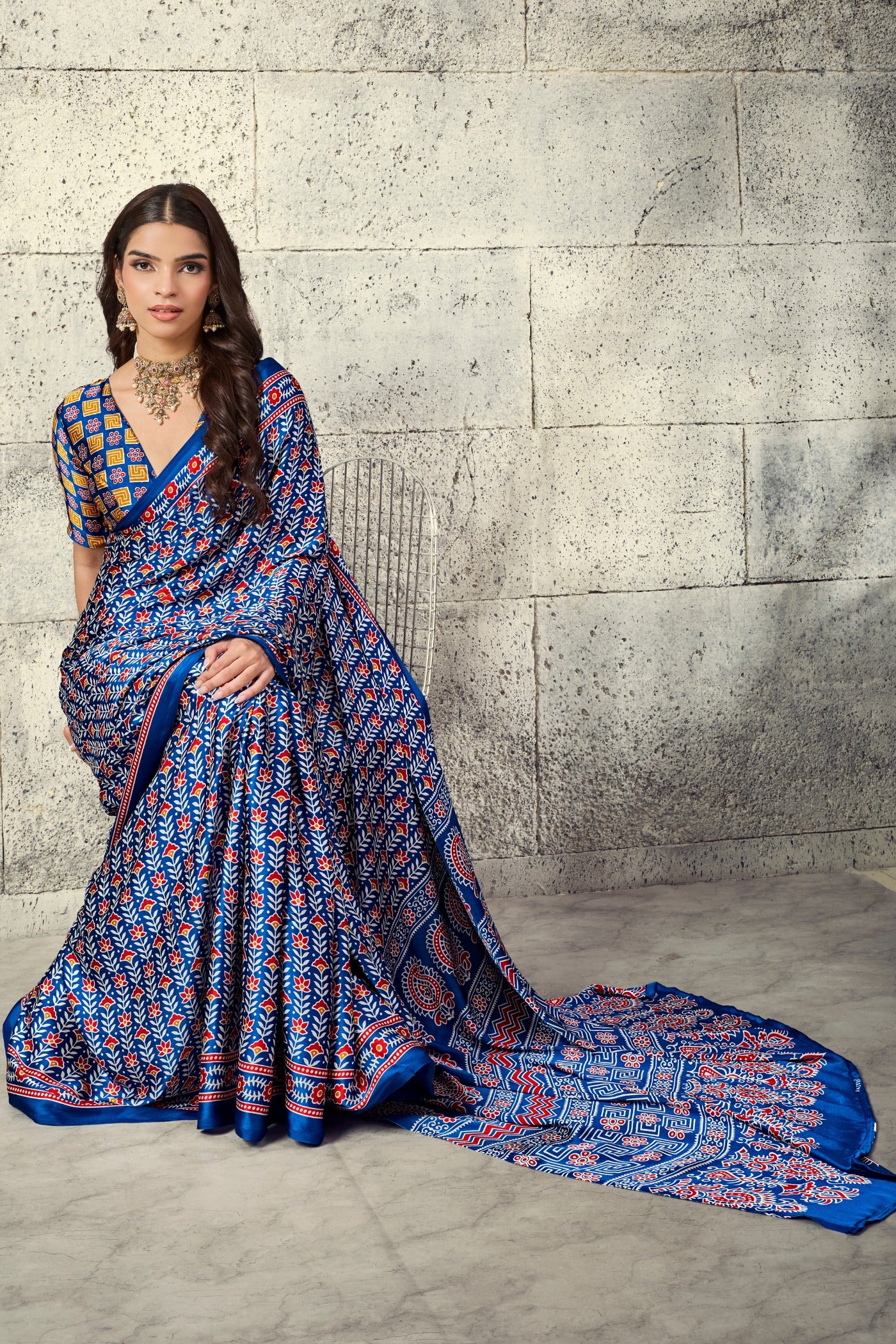 Buy MySilkLove Electric Blue Modal Ajrakh Satin Printed Silk Saree Online