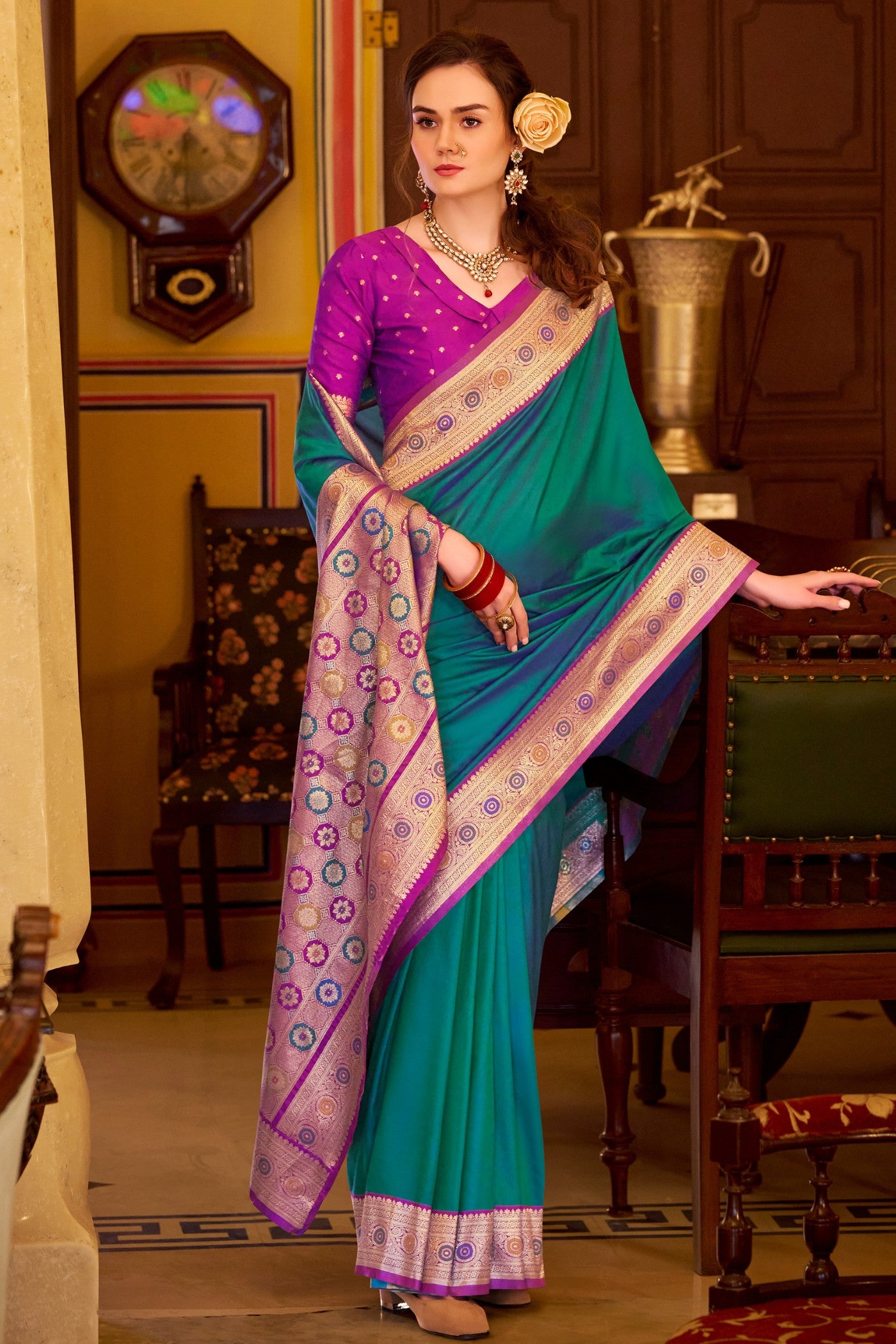 Buy MySilkLove Castleton Green Woven Banarasi Soft Silk Saree Online