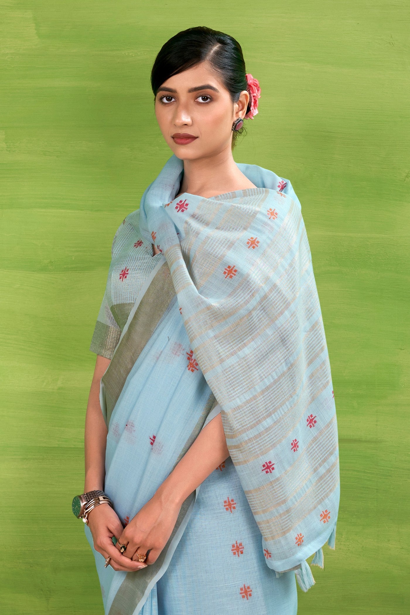 Buy MySilkLove Turquoise Blue Woven Linen Saree Online